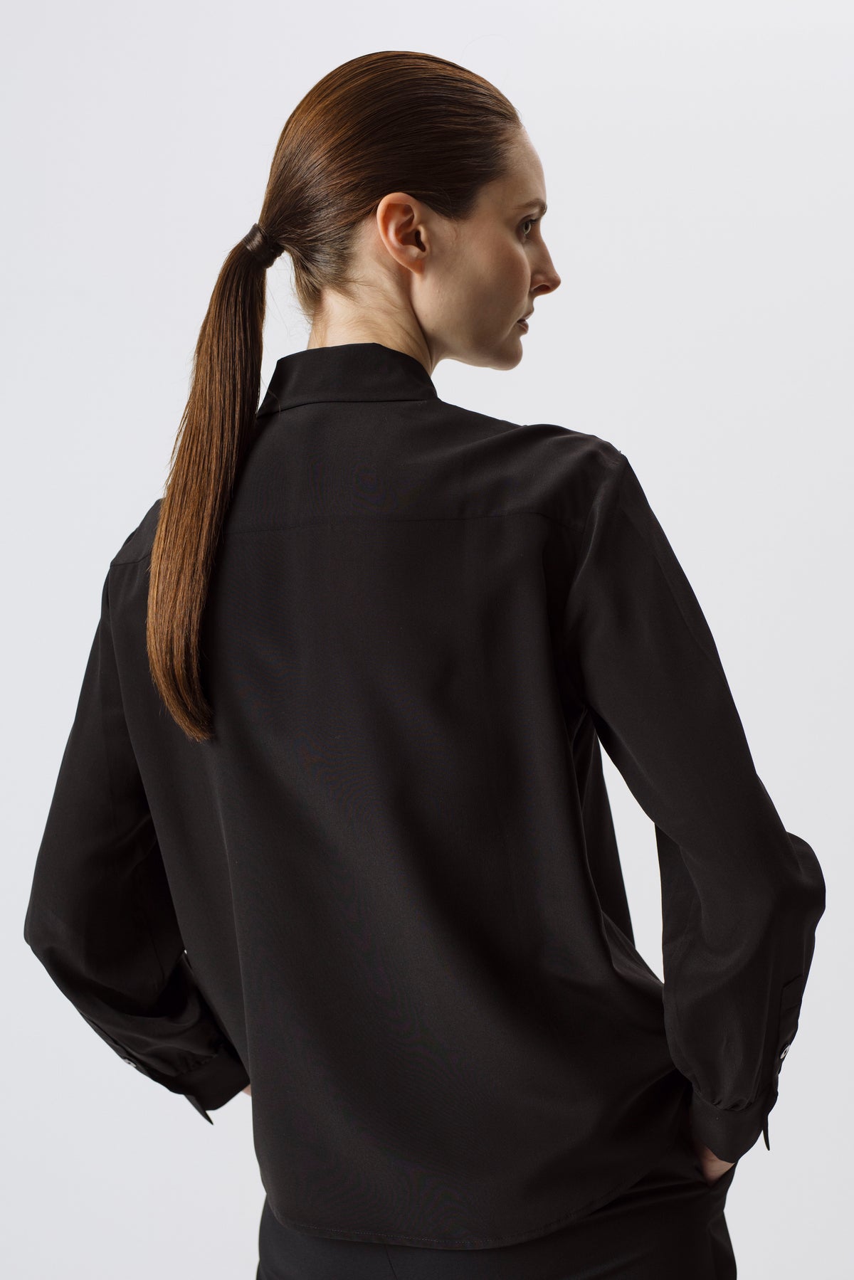 BLACK SILK SHIRT WITH PLEATED FRONT