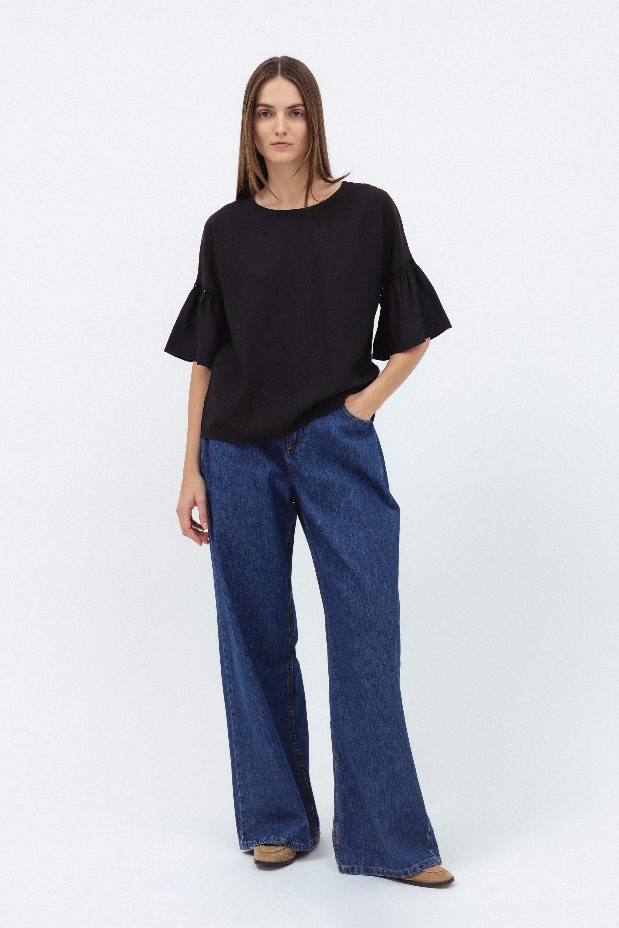 BLACK BLOUSE WITH FLARED SLEEVES