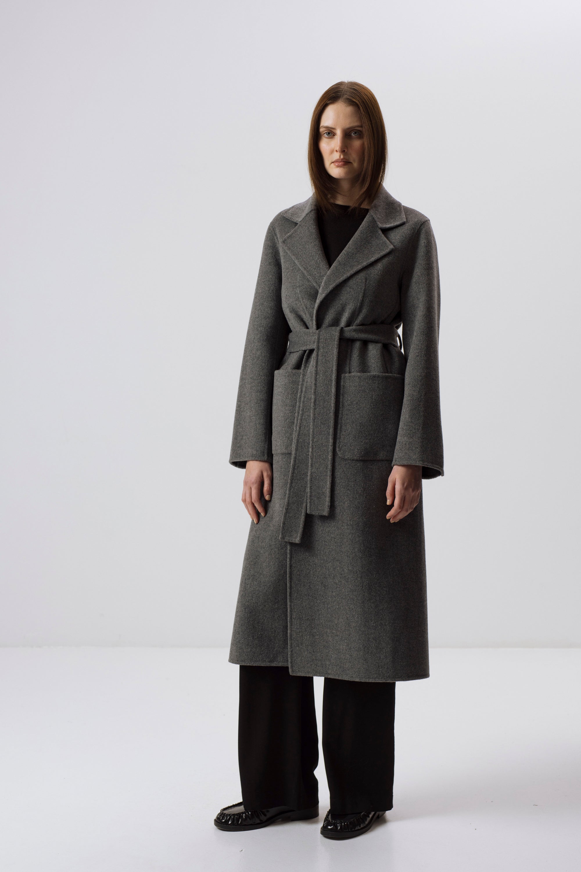 GREY DOUBLE-FACED WOOL BELTED COAT