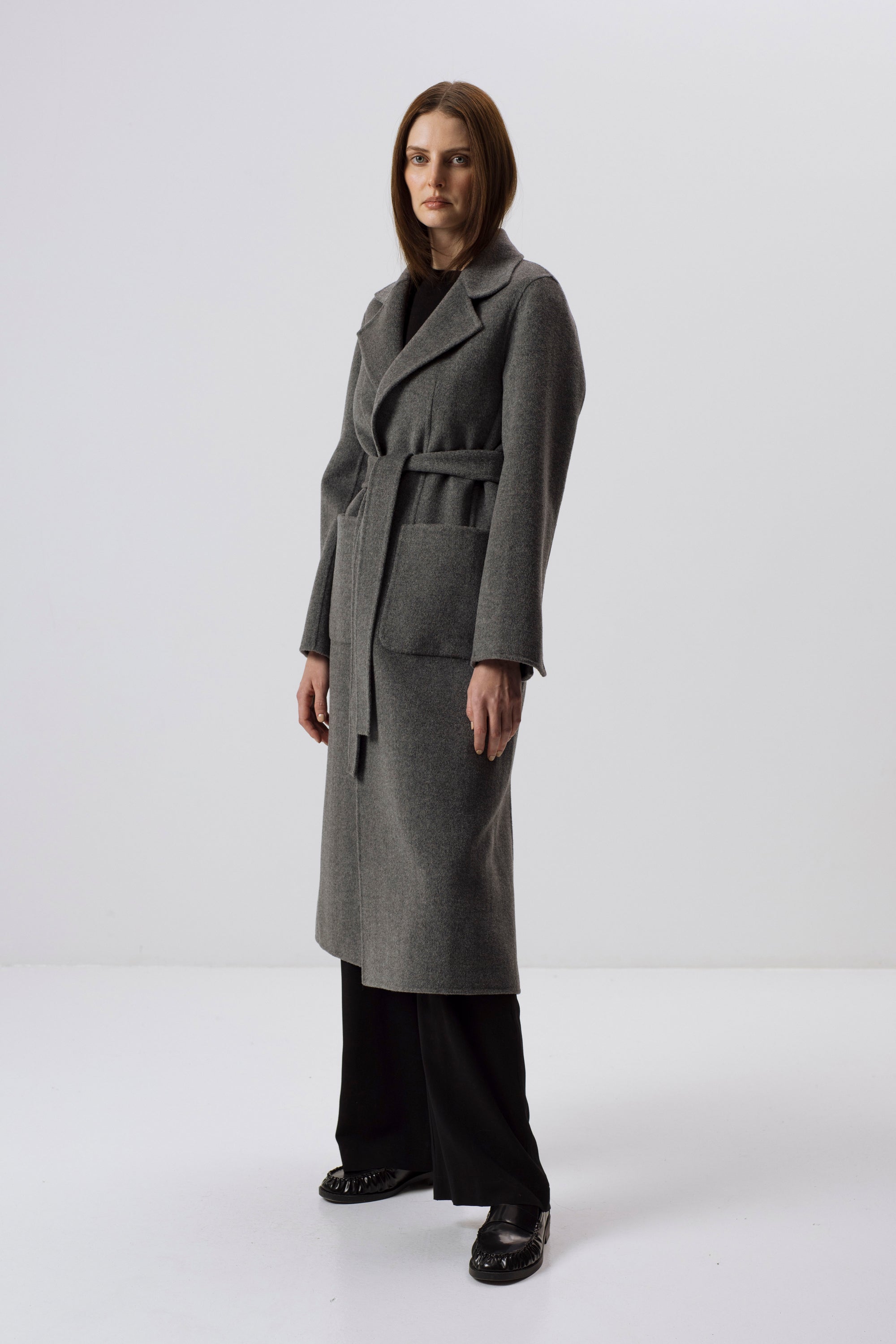 GREY DOUBLE-FACED WOOL BELTED COAT