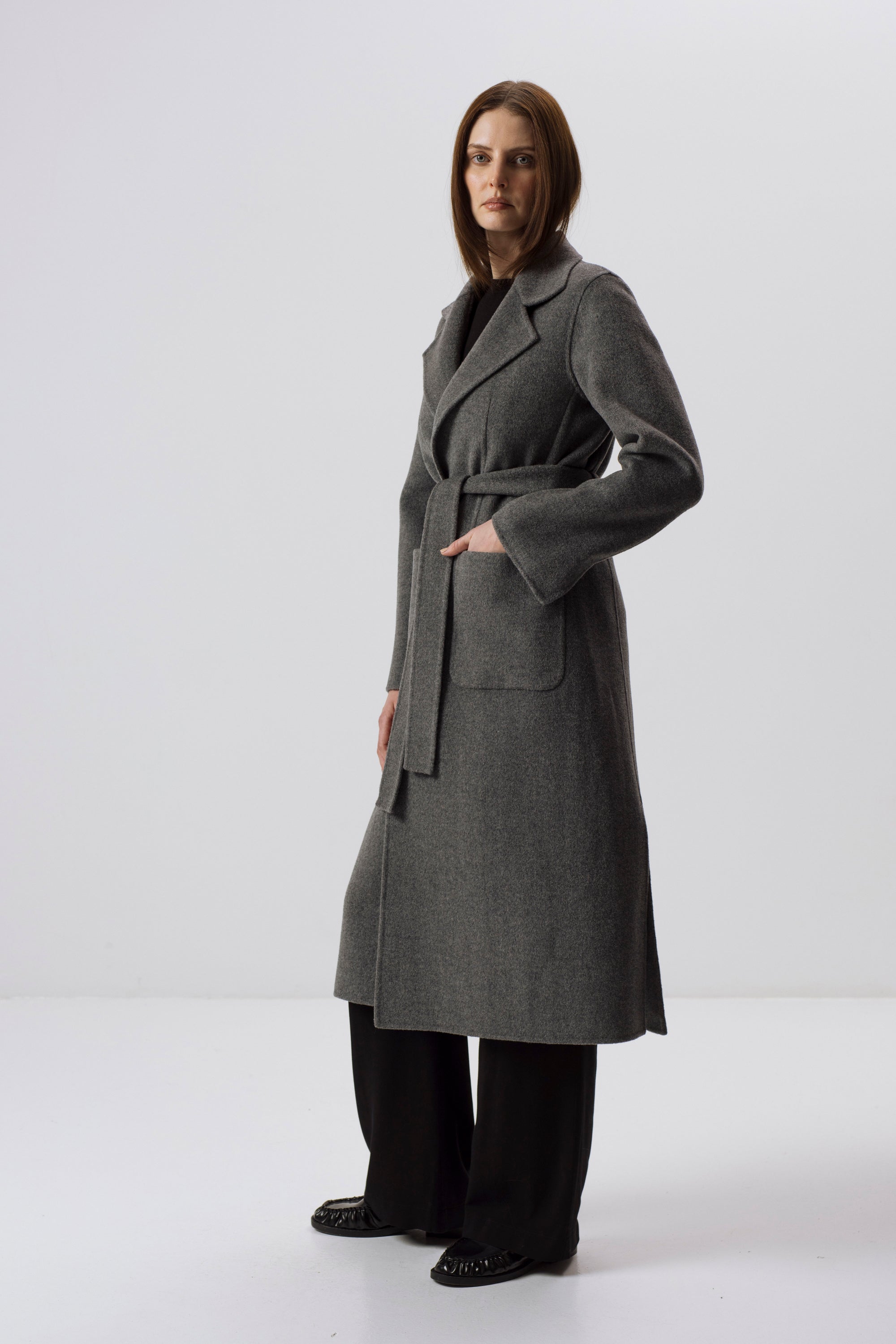 GREY DOUBLE-FACED WOOL BELTED COAT