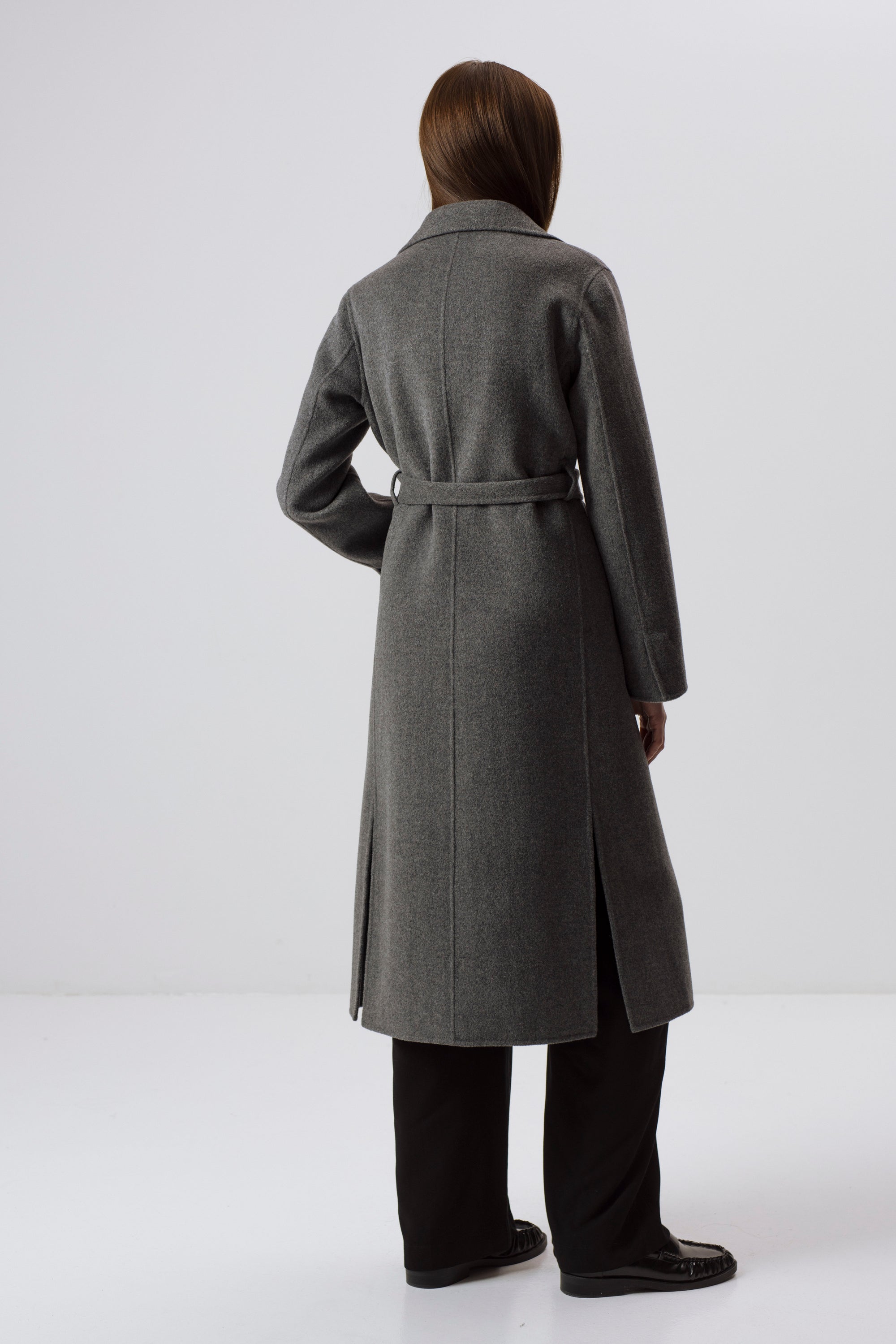 GREY DOUBLE-FACED WOOL BELTED COAT