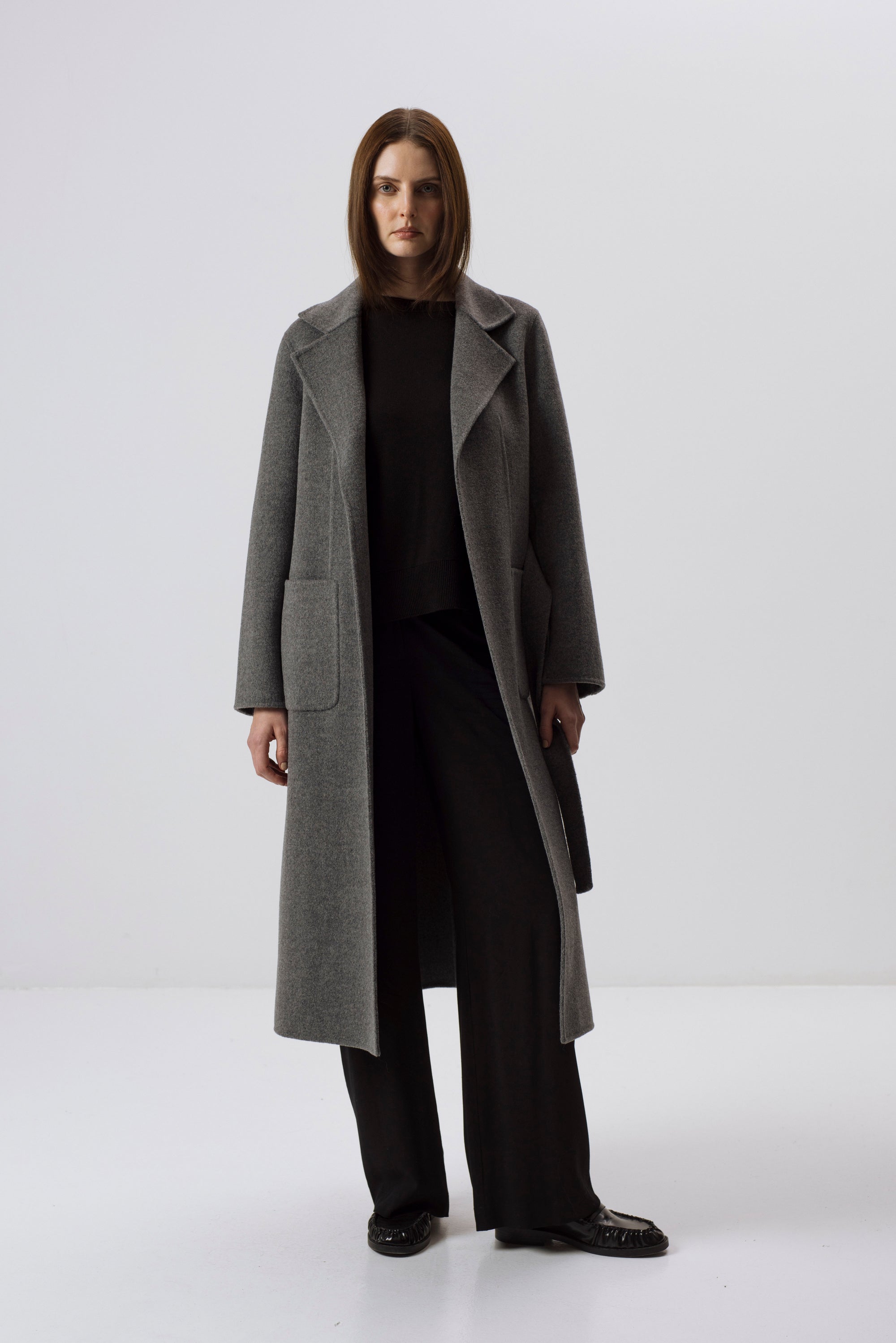 GREY DOUBLE-FACED WOOL BELTED COAT