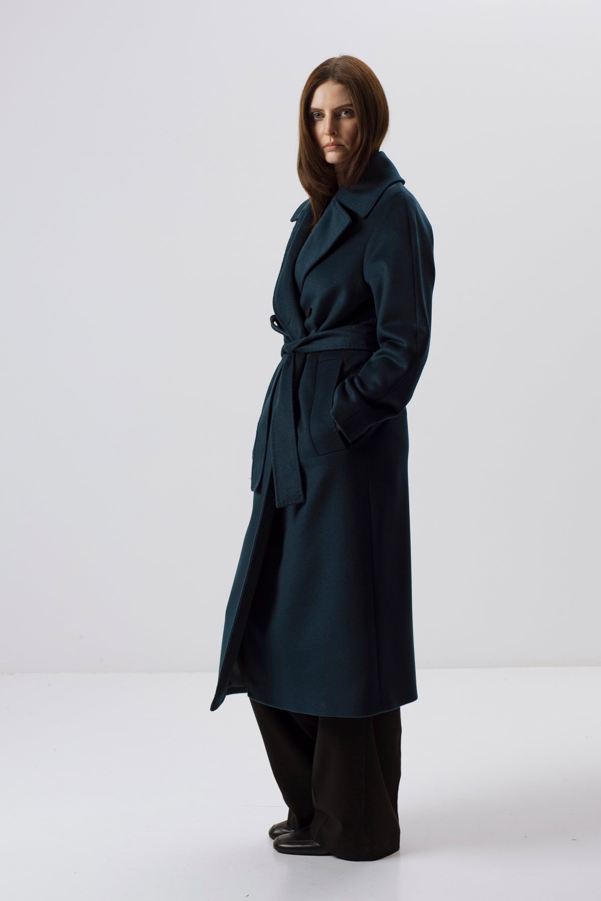 EMERALD DOUBLE-BREASTED BELTED COAT WITH WOOL
