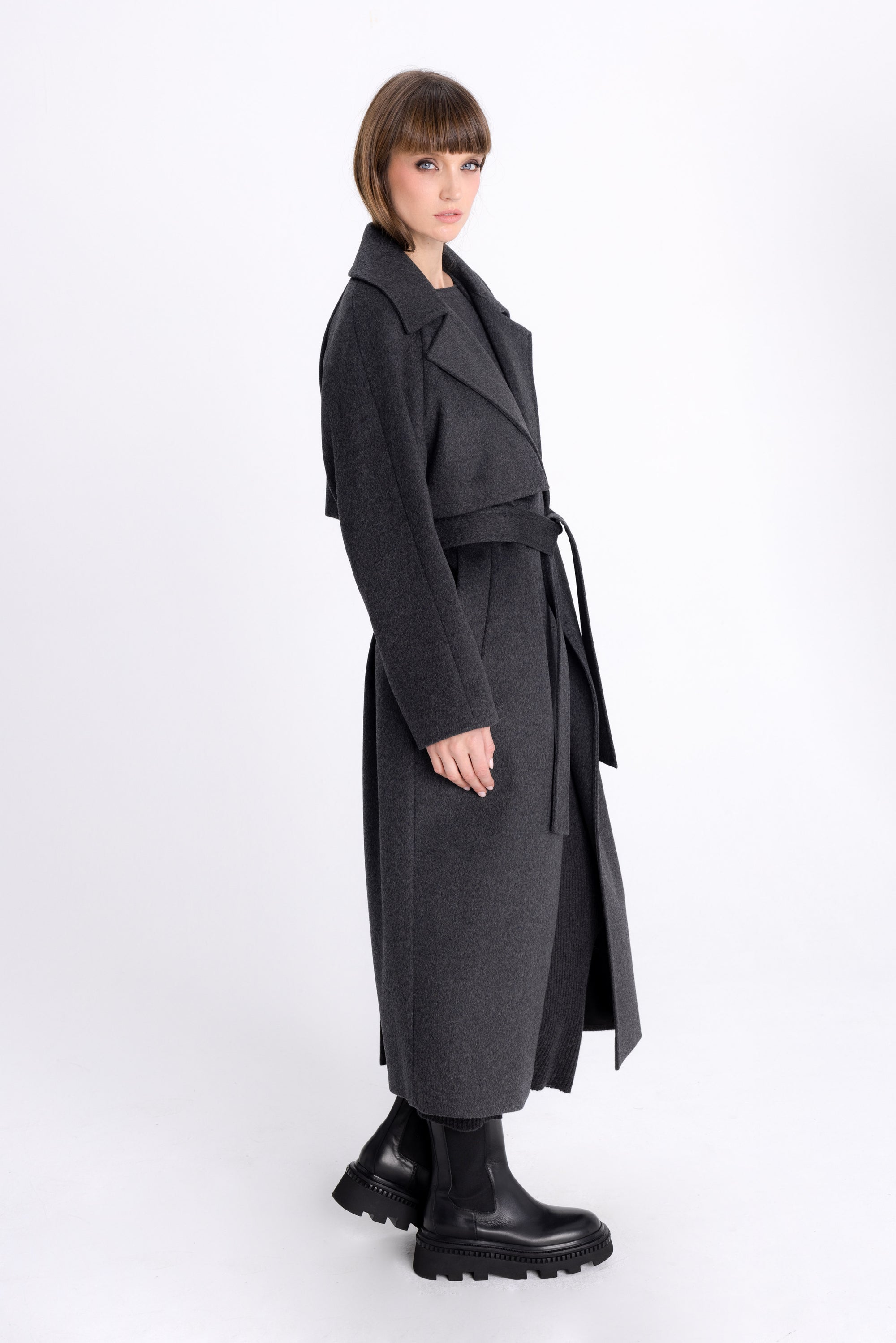 DARK GREY DOUBLE-BREASTED COAT WITH BELT