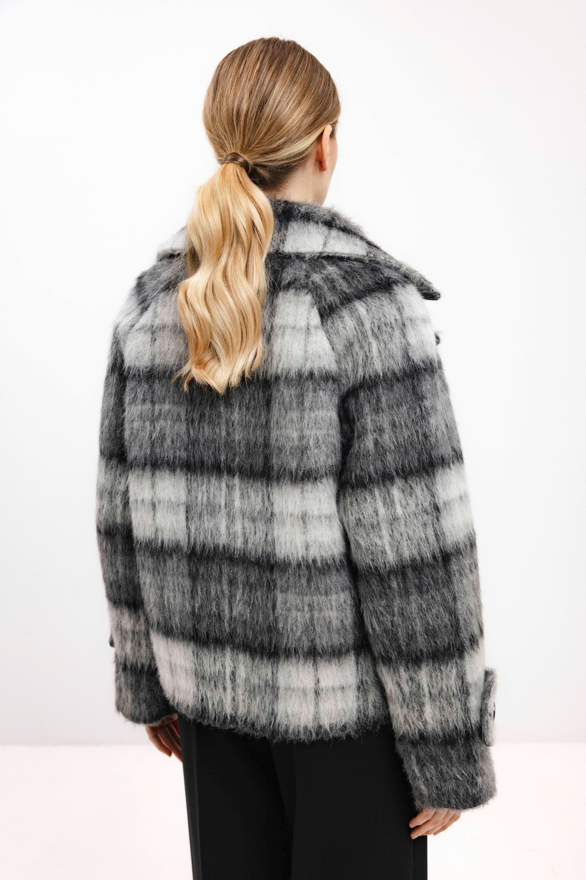 GREY CHECKED ALPACA-BLEND COAT