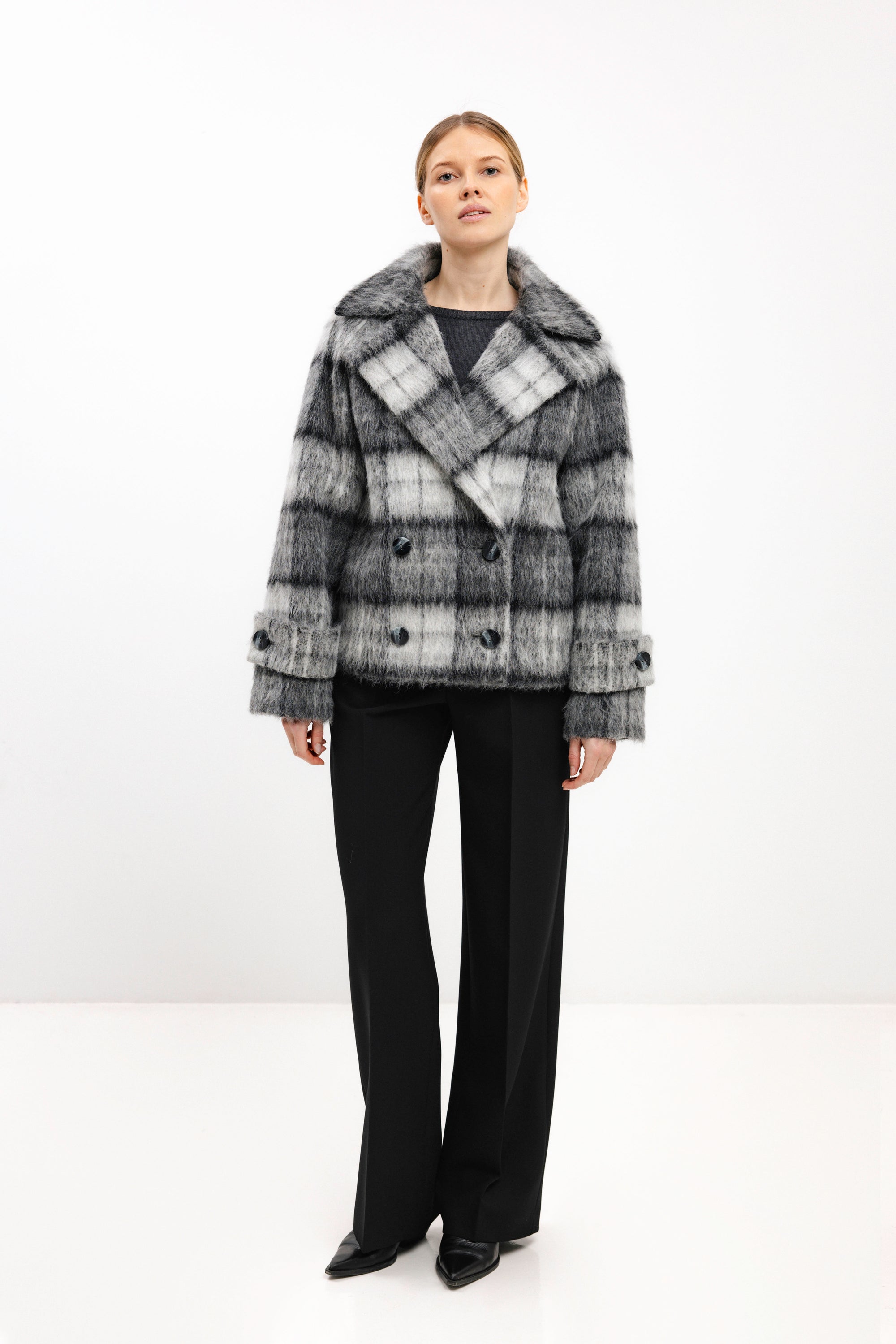 GREY CHECKED ALPACA-BLEND COAT