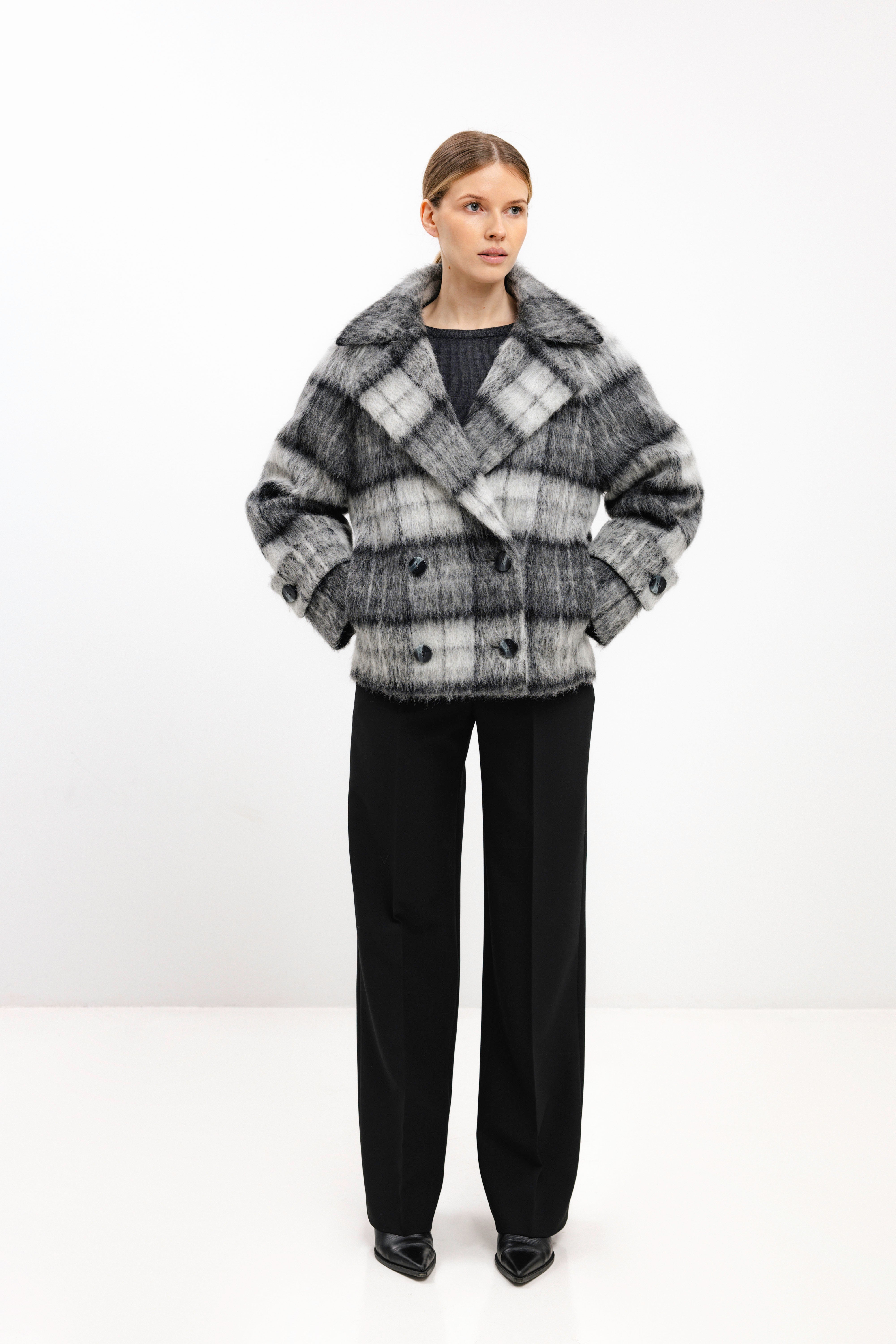 GREY CHECKED ALPACA-BLEND COAT