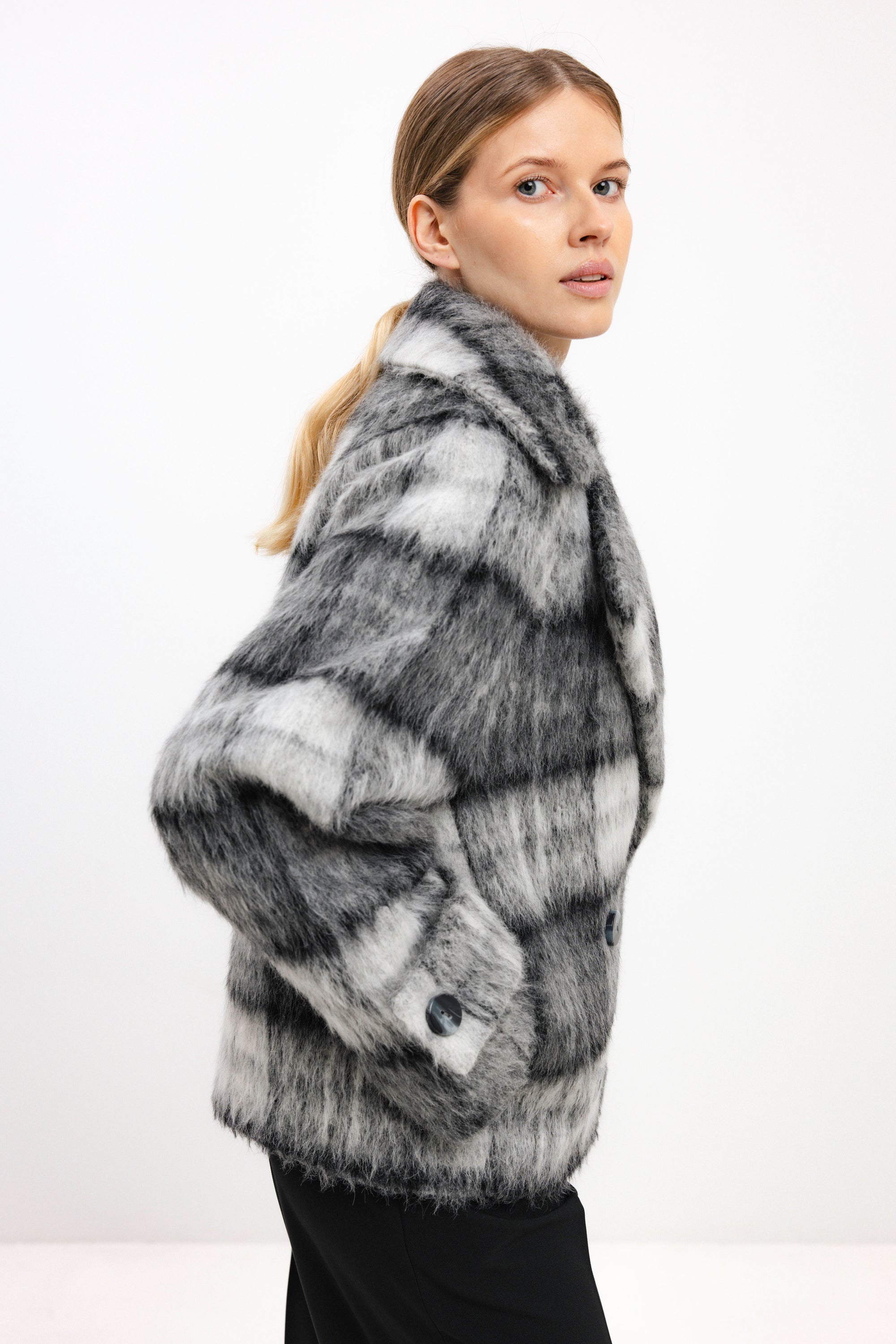 GREY CHECKED ALPACA-BLEND COAT