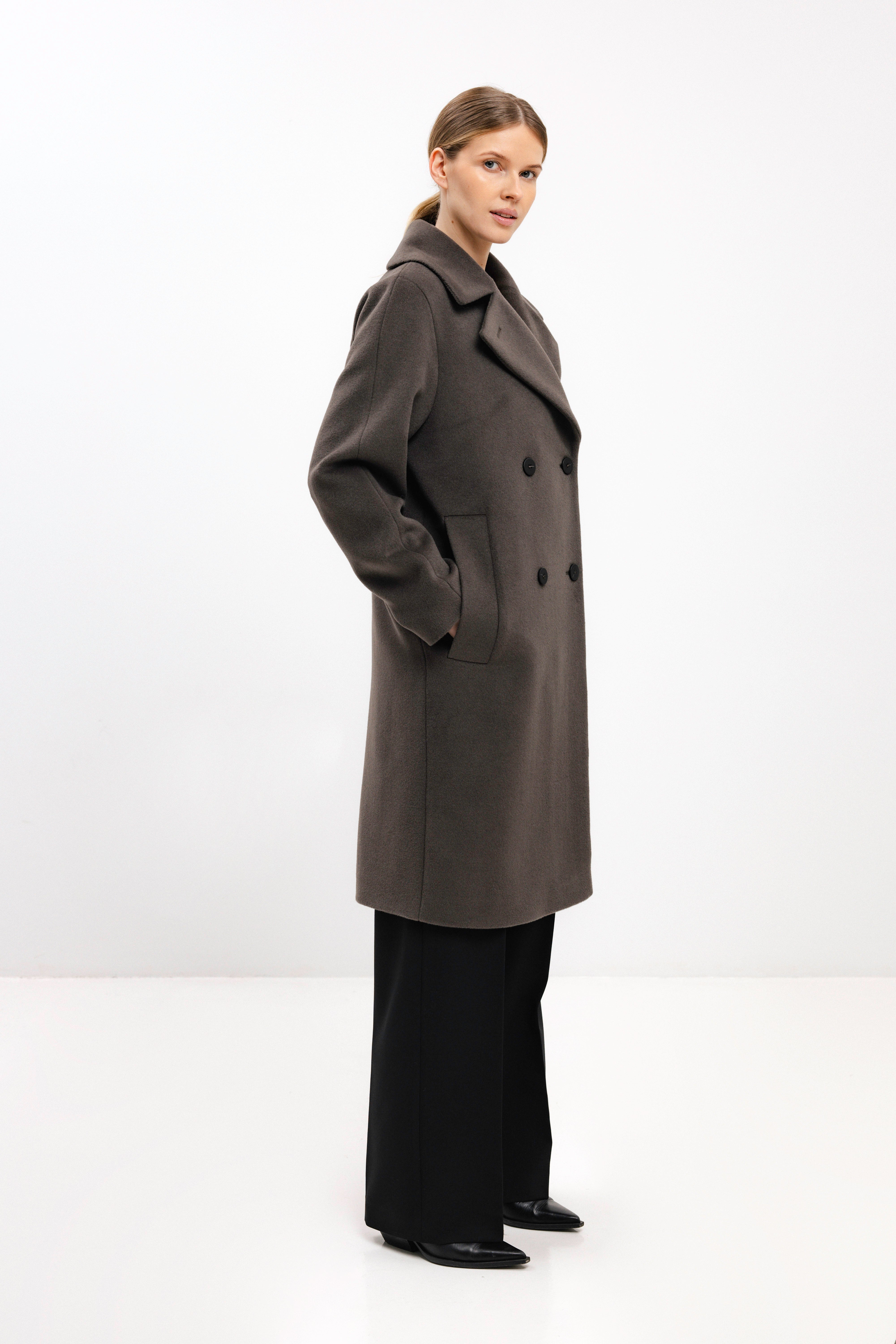 STRAIGHT GREENISH BROWN COAT WITH ANGORA