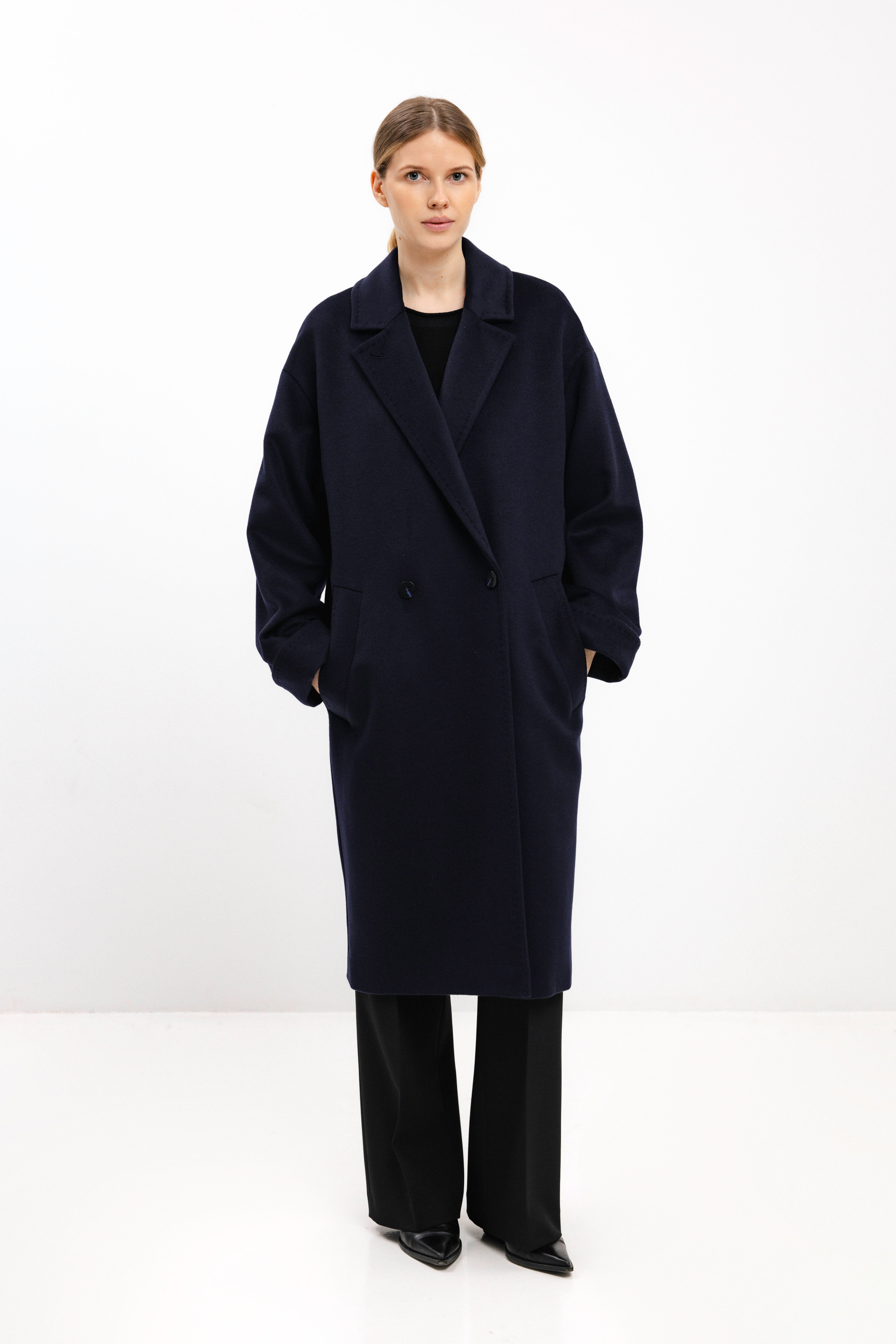 OVERSIZED DOUBLE-BREASTED WOOL COAT IN NAVY – InAvati