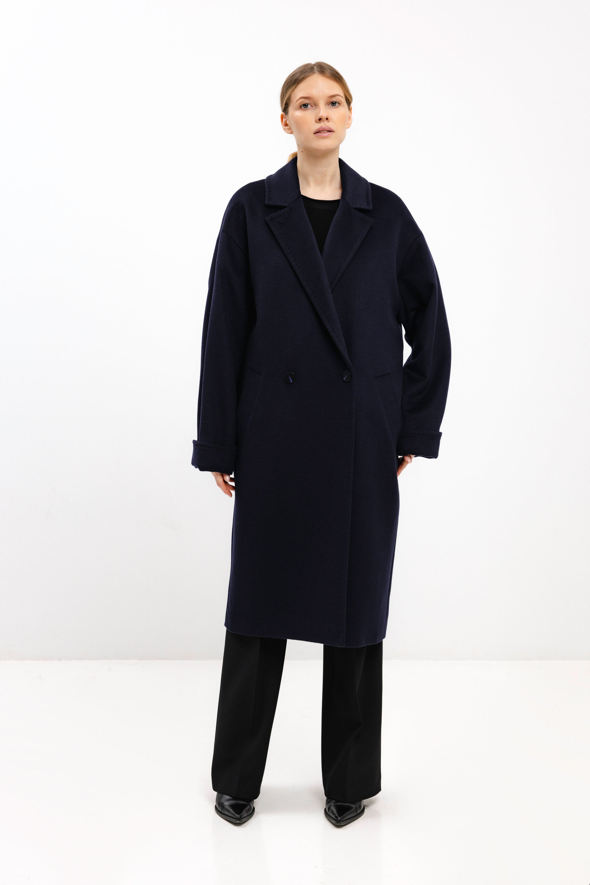 OVERSIZED DOUBLE-BREASTED WOOL COAT IN NAVY