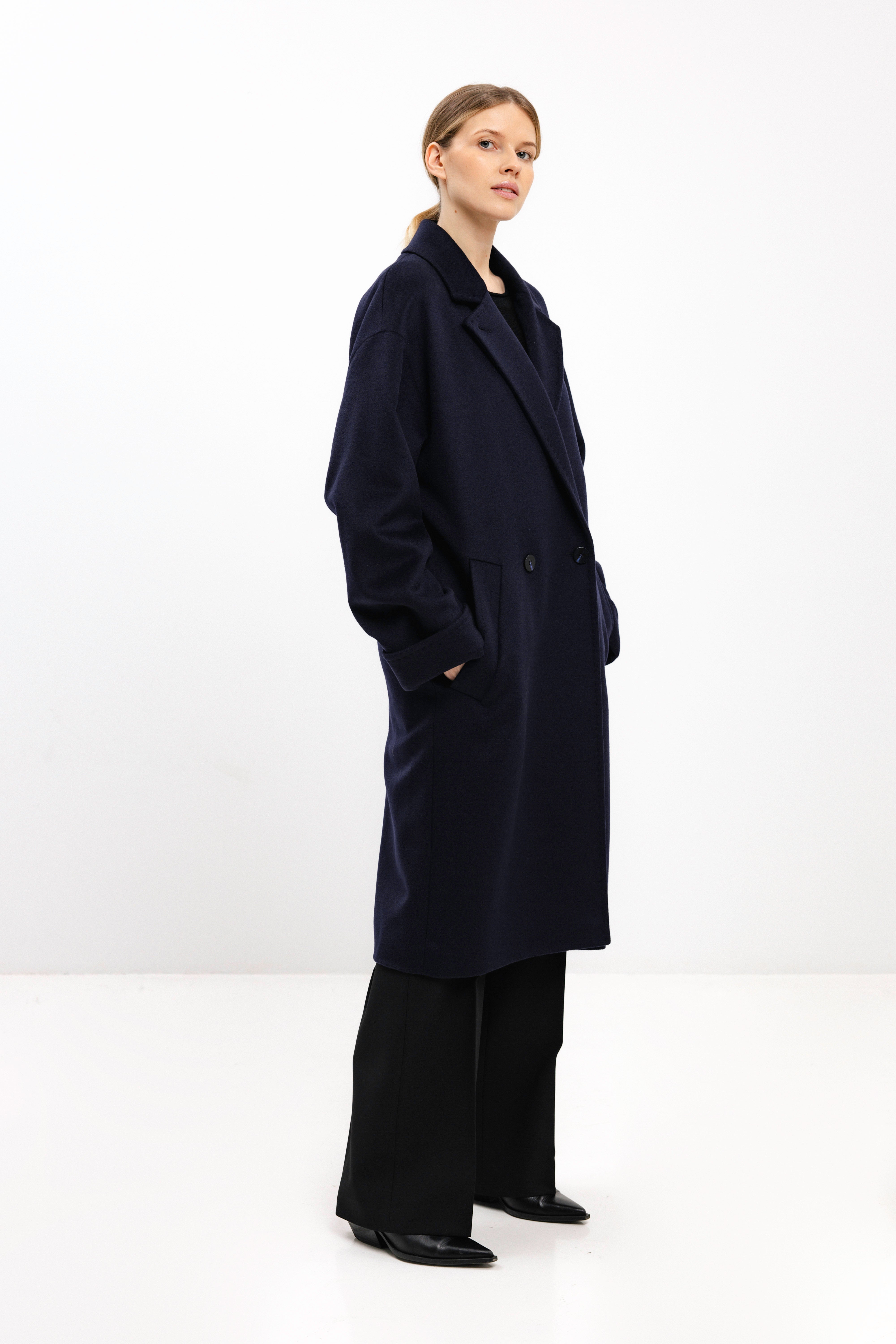 OVERSIZED DOUBLE-BREASTED WOOL COAT IN NAVY – InAvati