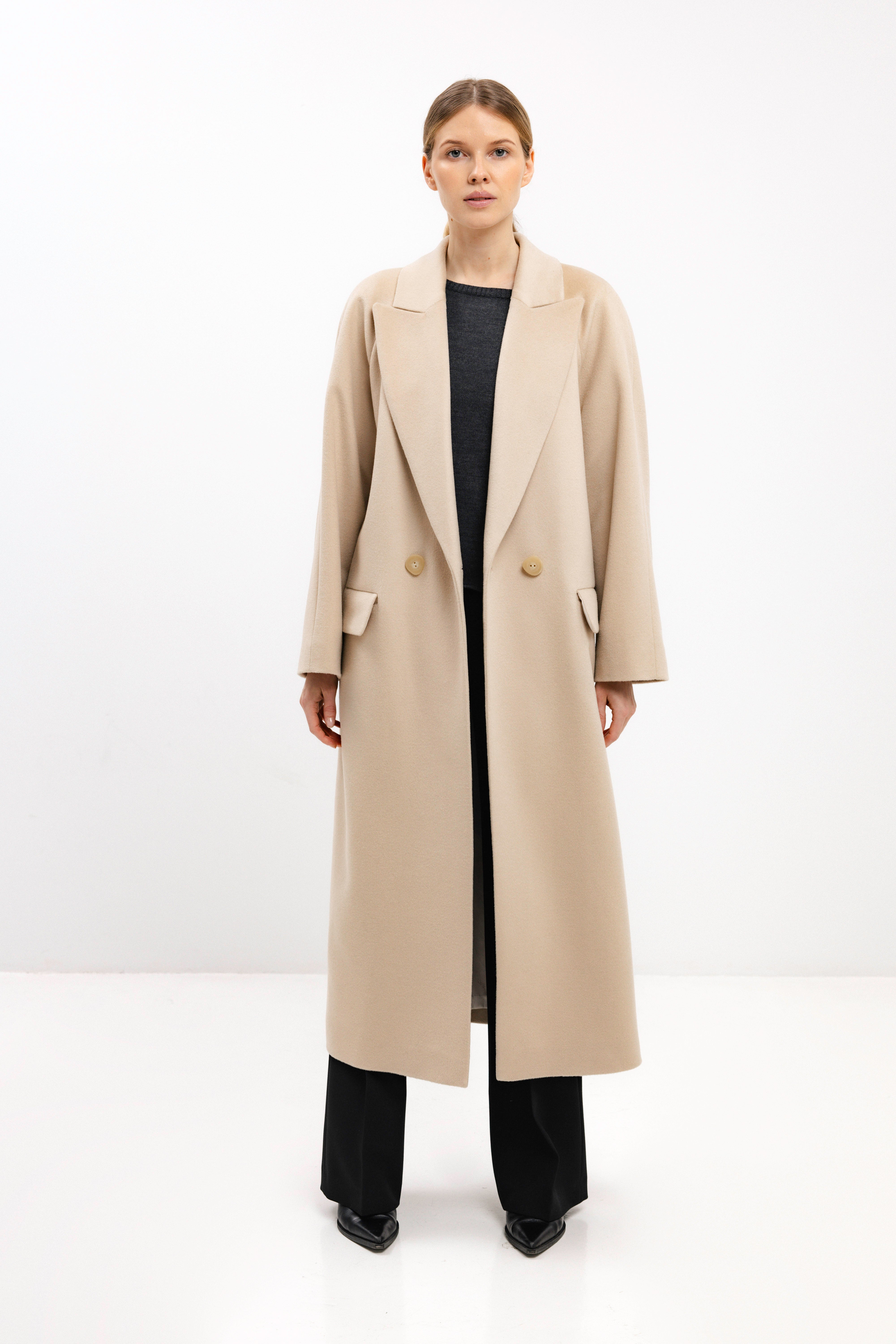 LONG DOUBLE-BREASTED WOOL COAT WITH RAGLAN SLEEVES