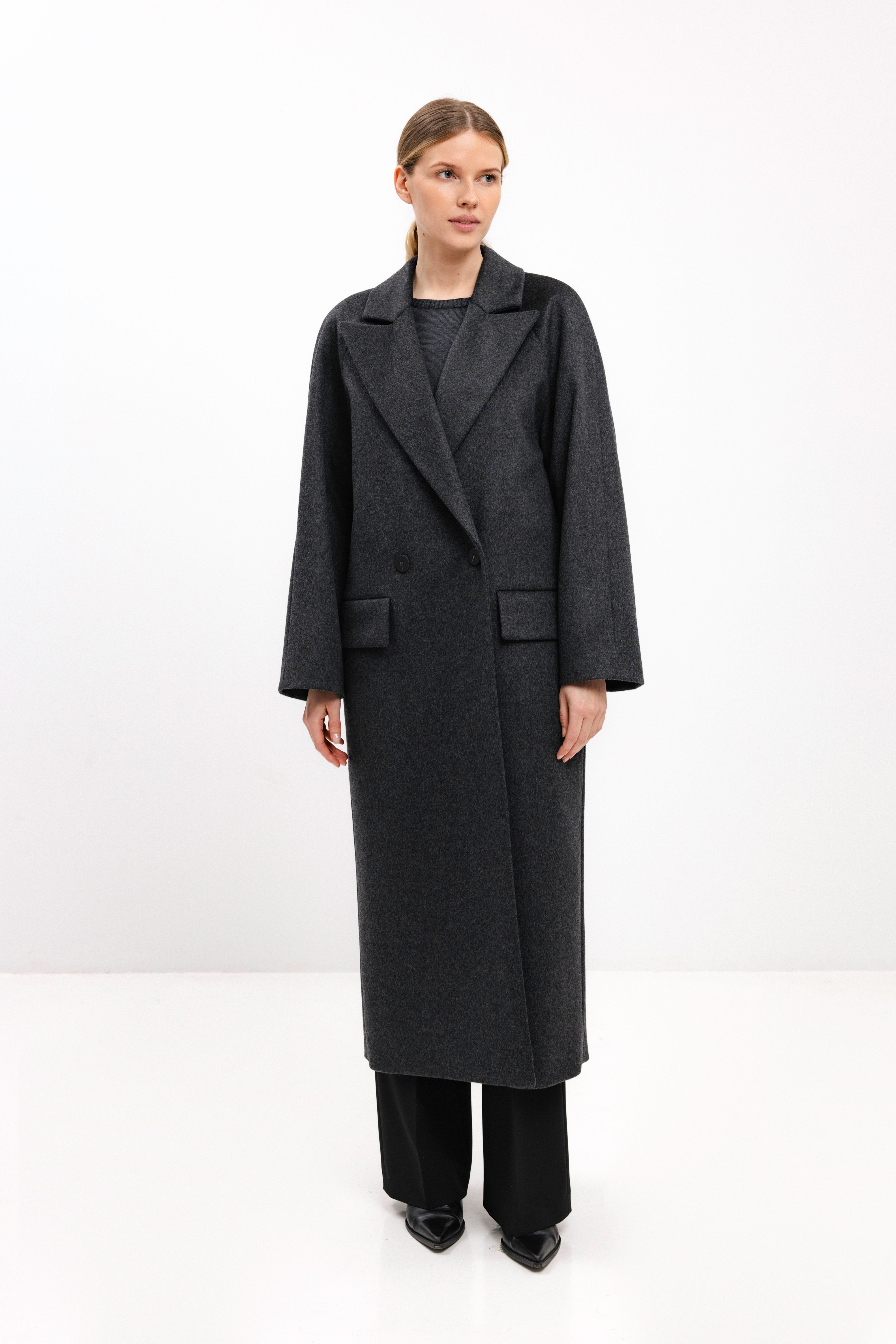 LONG DARK GREY WOOL COAT WITH RAGLAN SLEEVES