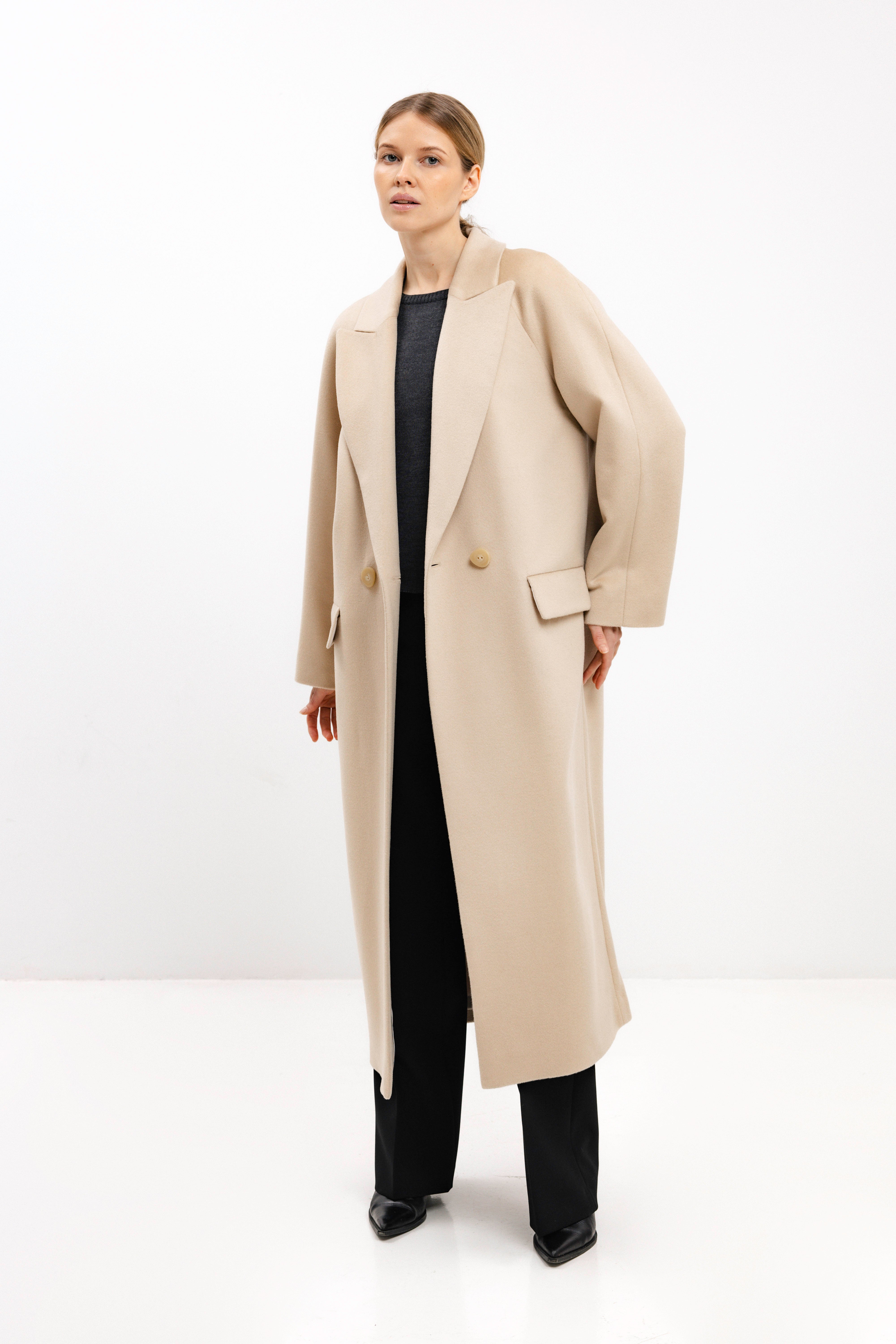 LONG DOUBLE-BREASTED WOOL COAT WITH RAGLAN SLEEVES