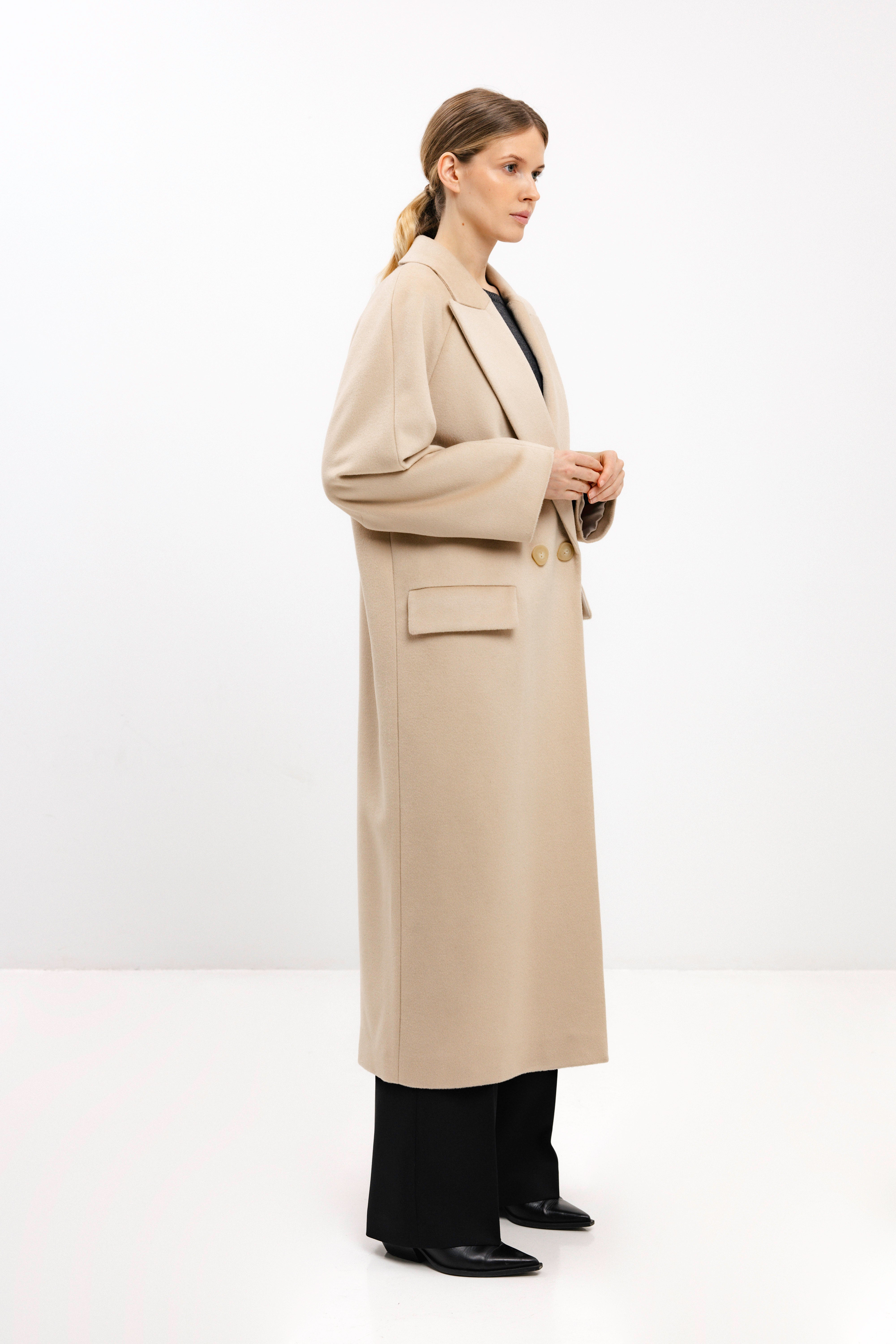 LONG DOUBLE-BREASTED WOOL COAT WITH RAGLAN SLEEVES