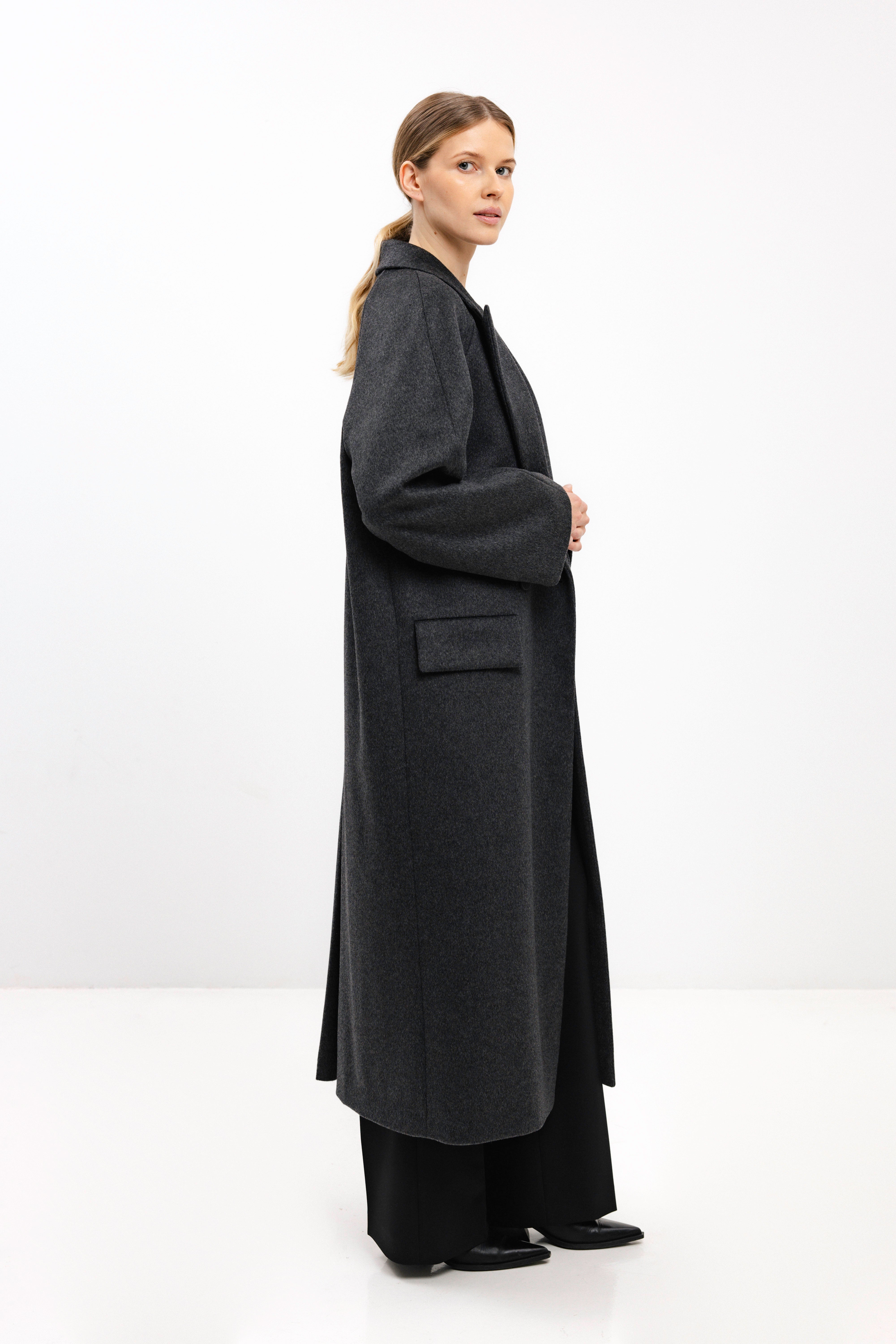 LONG DARK GREY WOOL COAT WITH RAGLAN SLEEVES