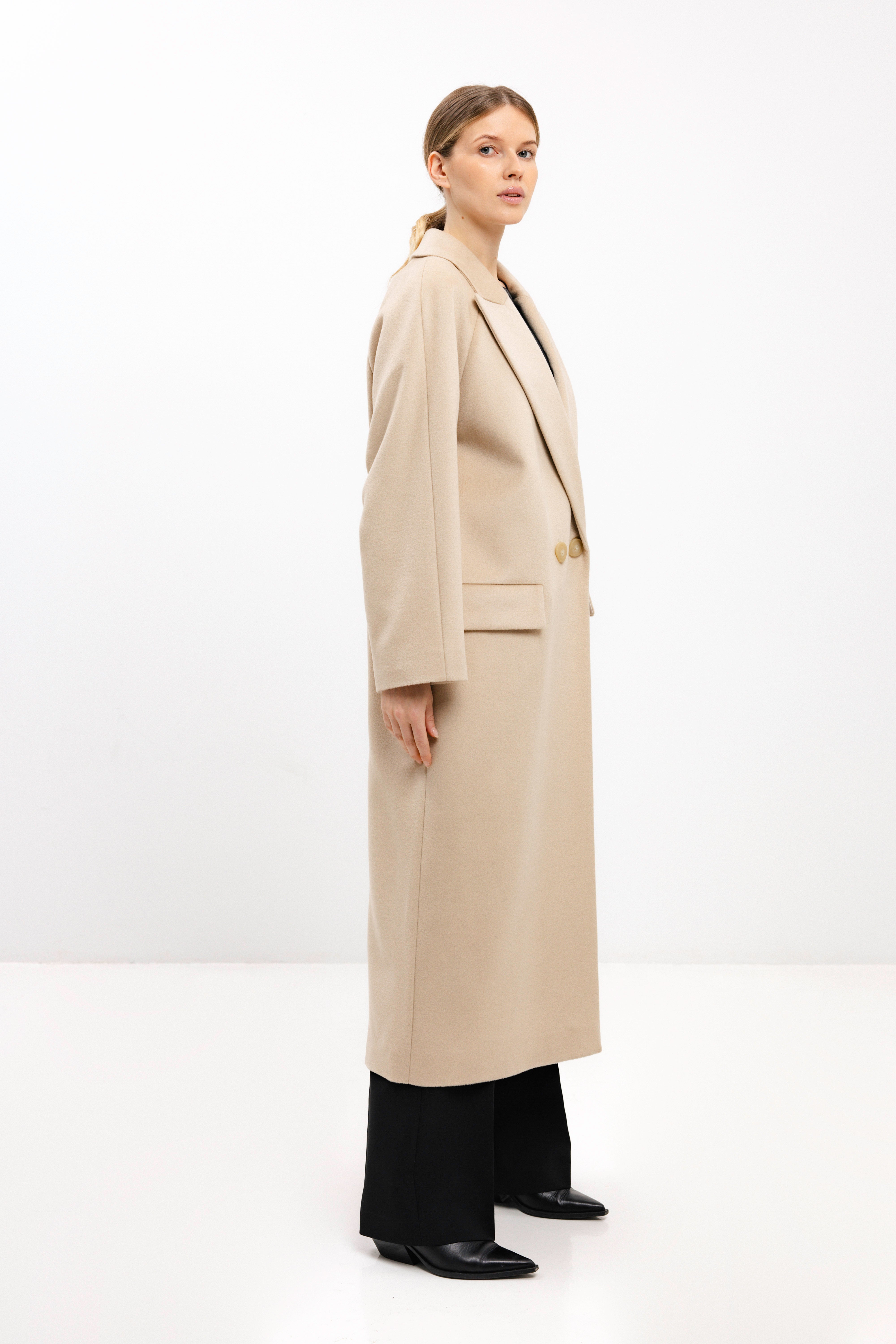 LONG DOUBLE-BREASTED WOOL COAT WITH RAGLAN SLEEVES