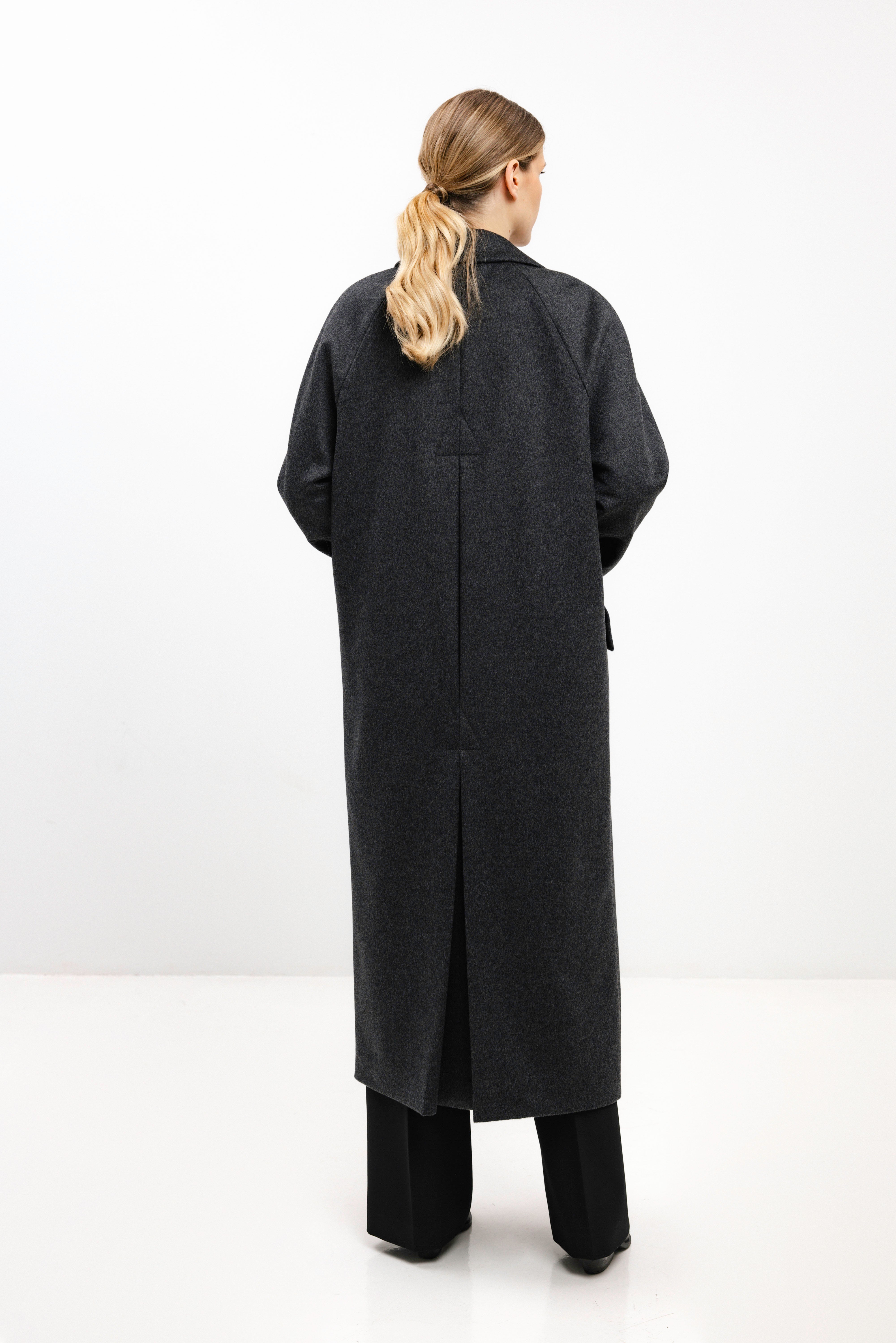 LONG DARK GREY WOOL COAT WITH RAGLAN SLEEVES