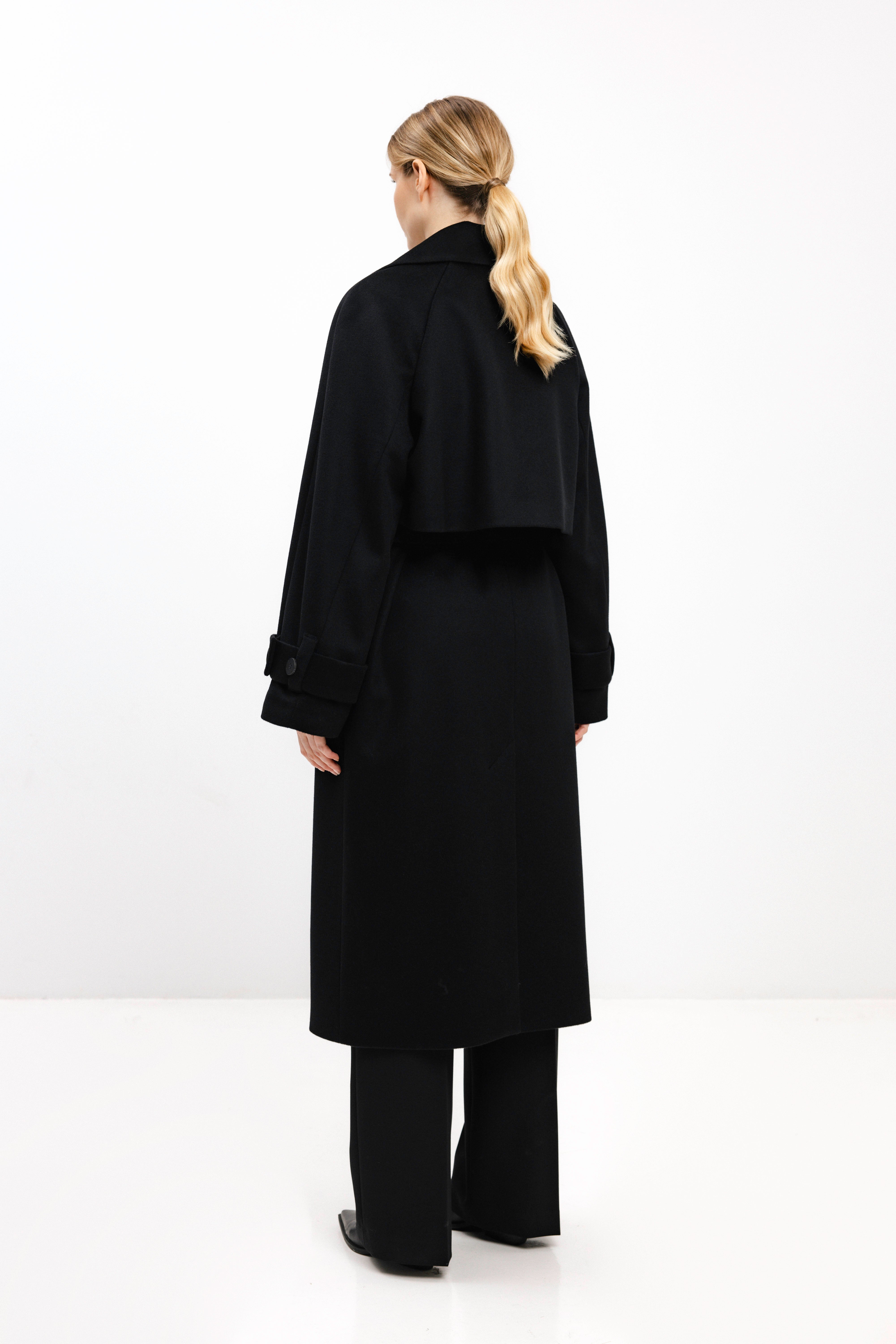 BLACK WOOL COAT WITH BELT