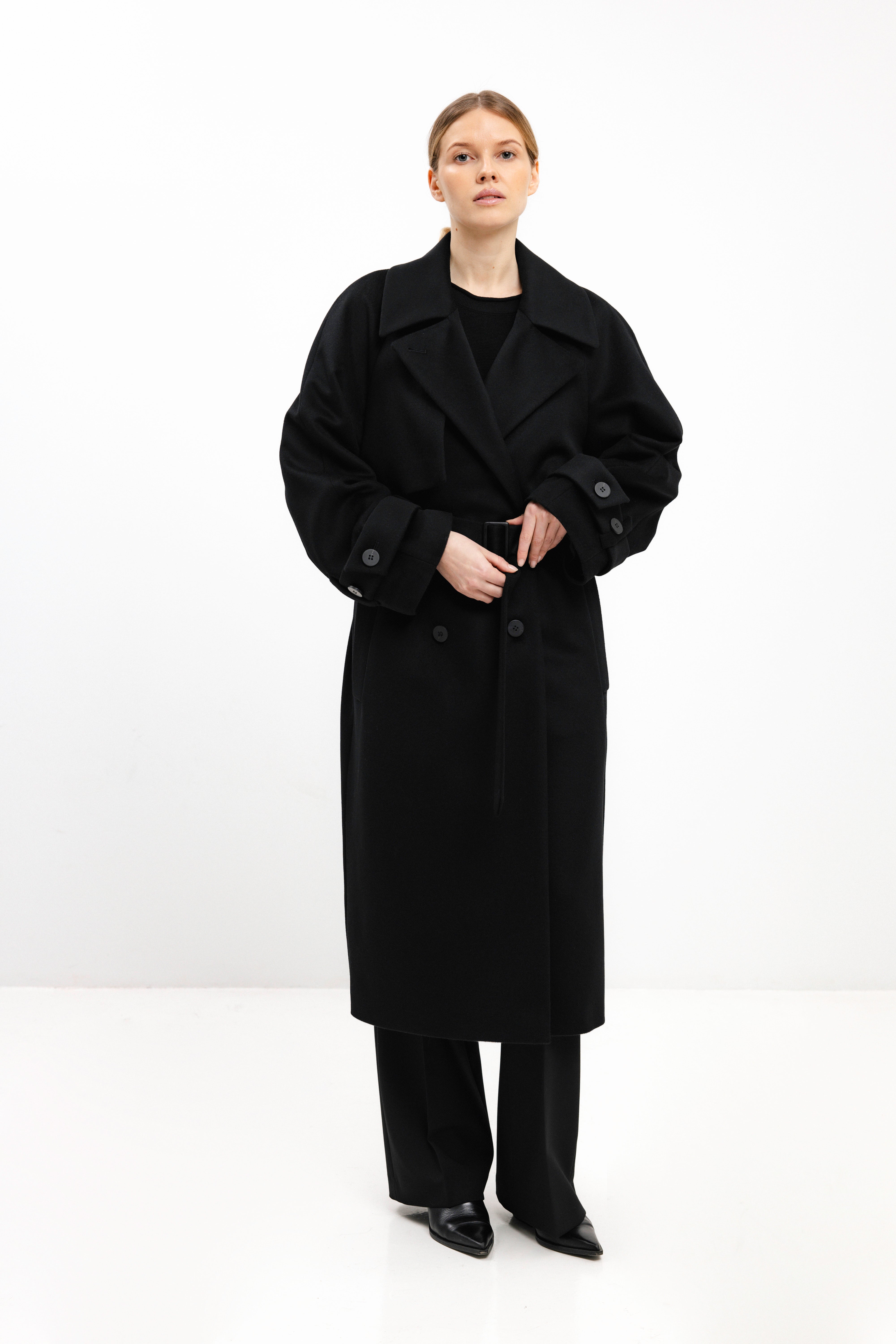 BLACK WOOL COAT WITH BELT