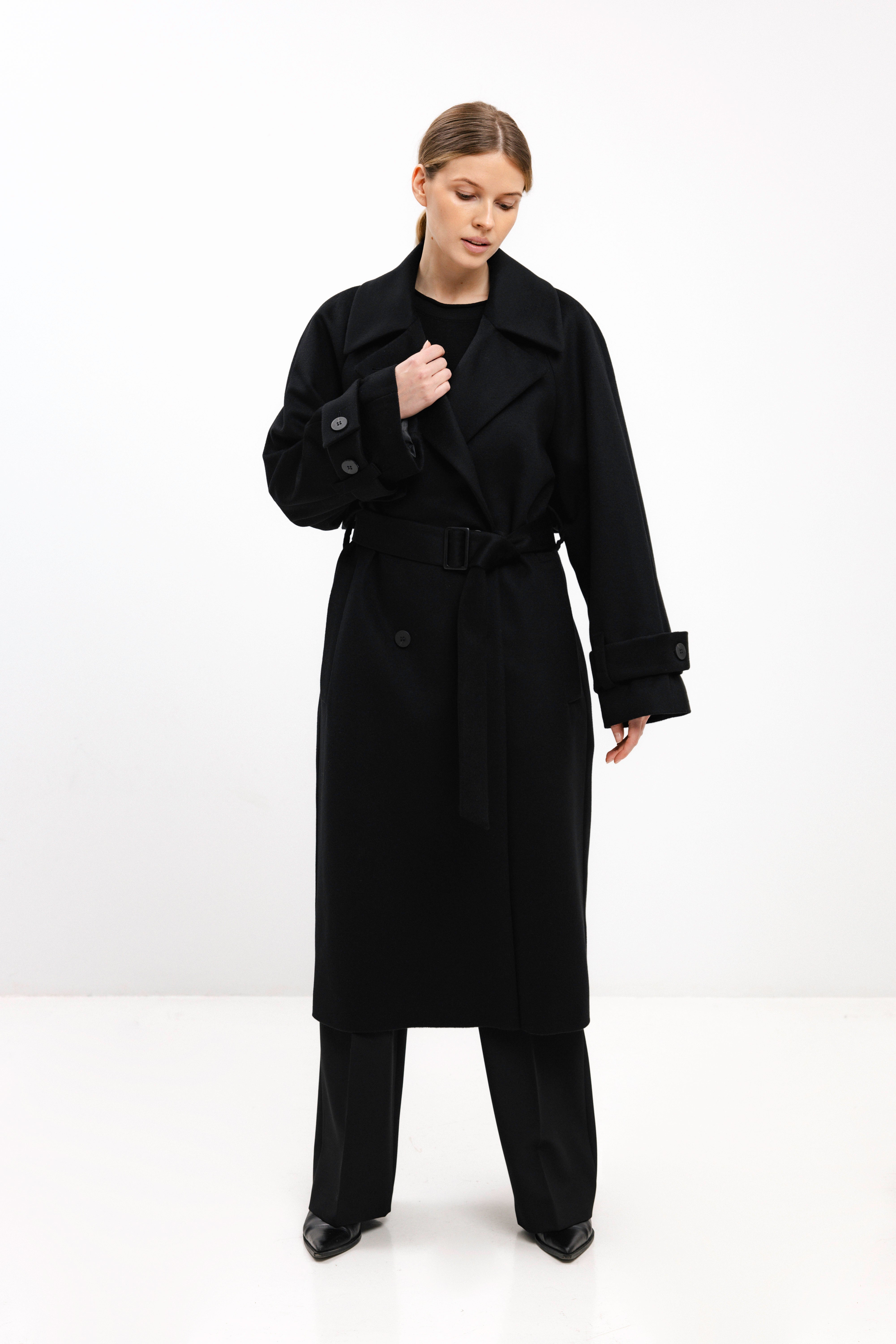 BLACK WOOL COAT WITH BELT