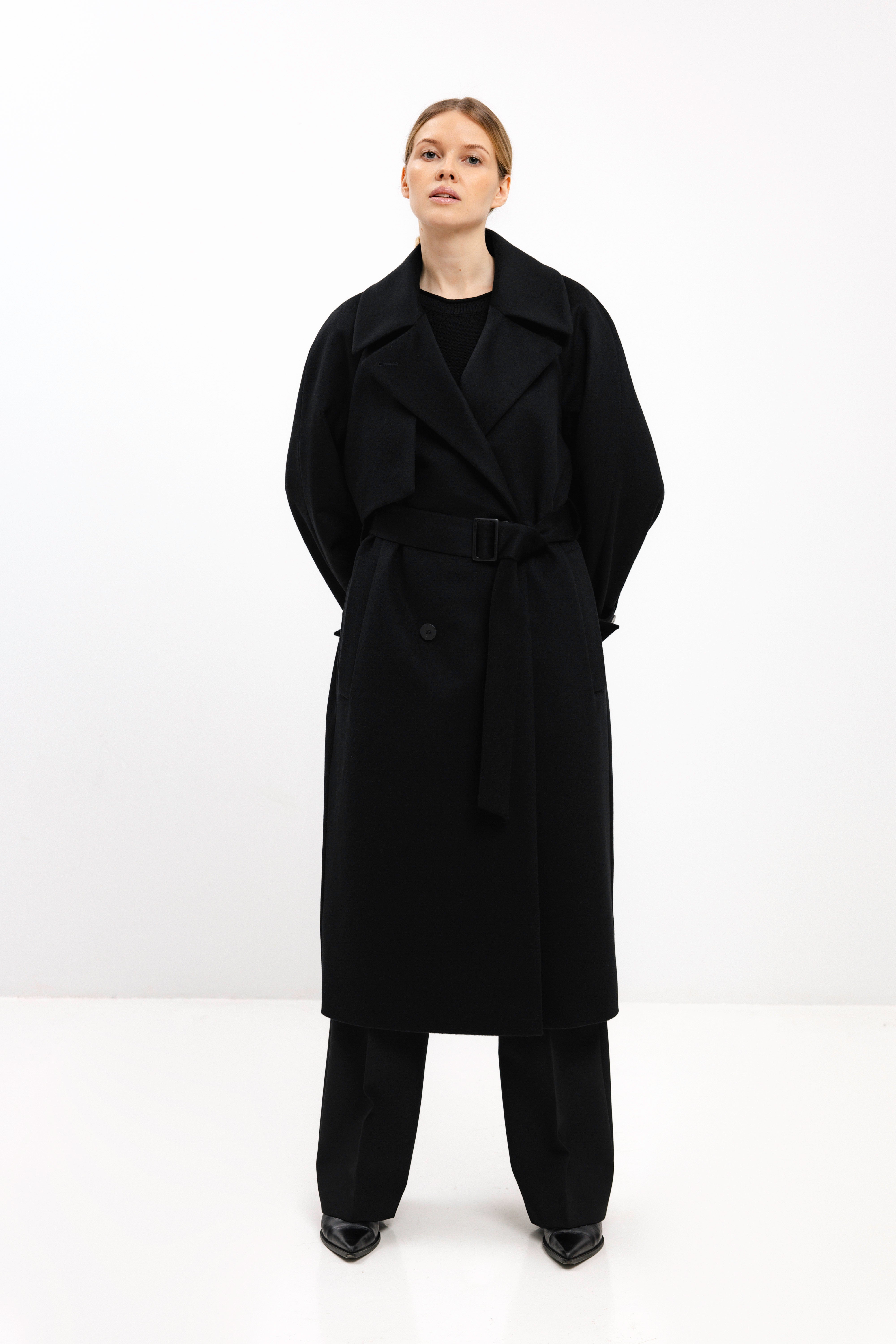 BLACK WOOL COAT WITH BELT