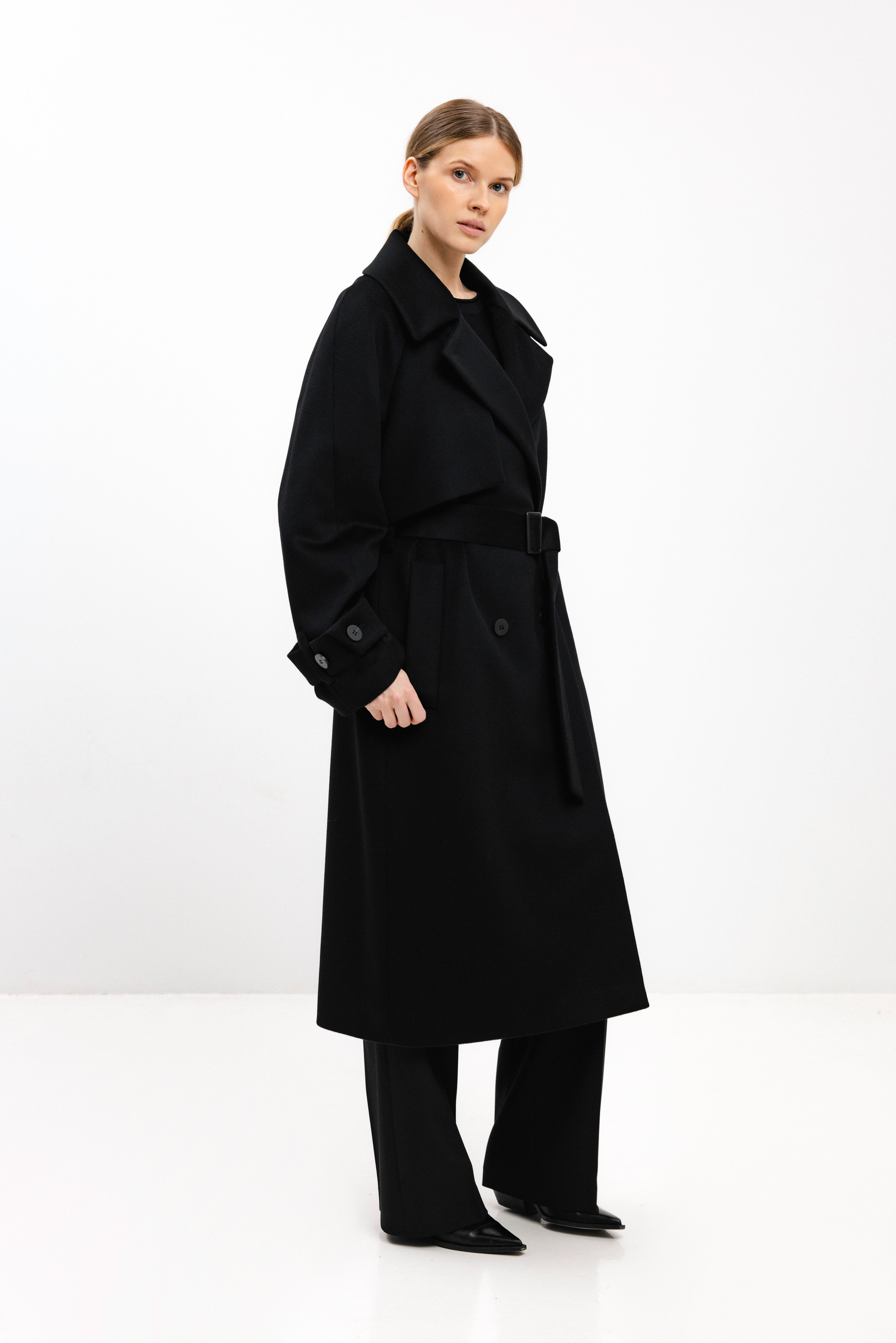 BLACK WOOL COAT WITH BELT