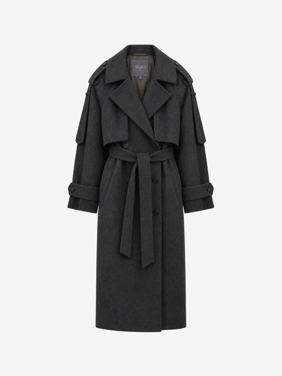 LONG BELTED DARK GREY WOOL COAT