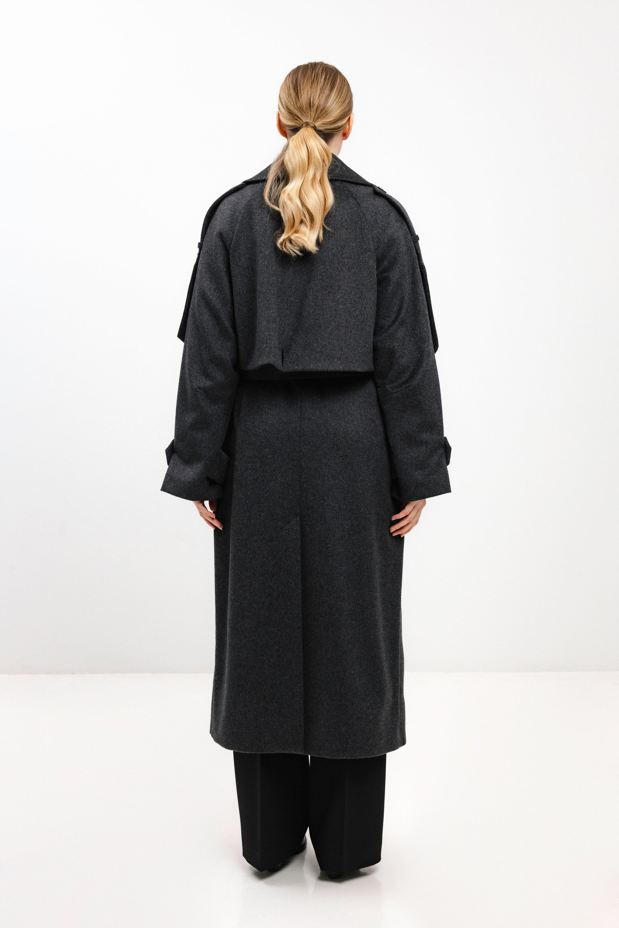LONG BELTED DARK GREY WOOL COAT