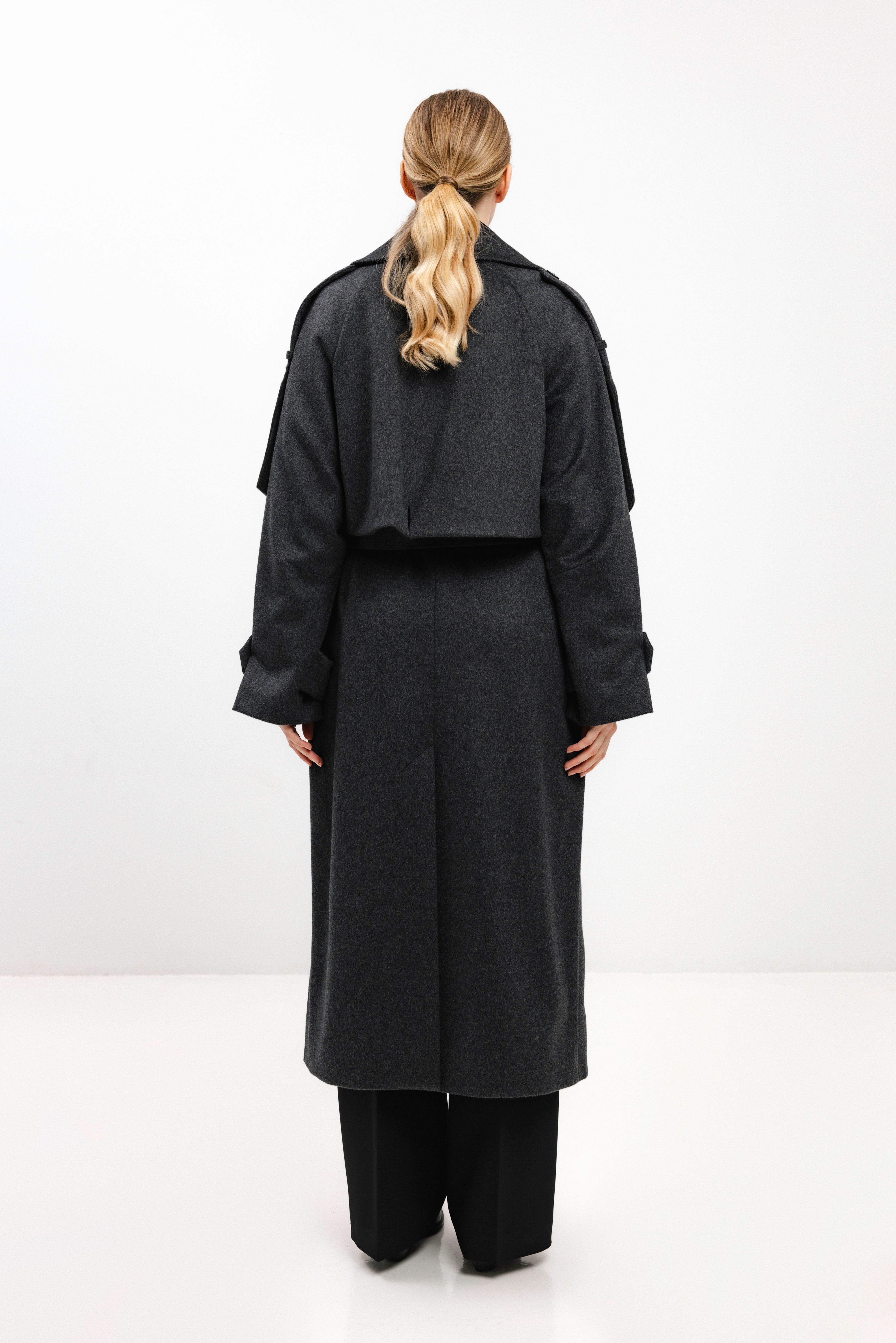 LONG BELTED DARK GREY WOOL COAT