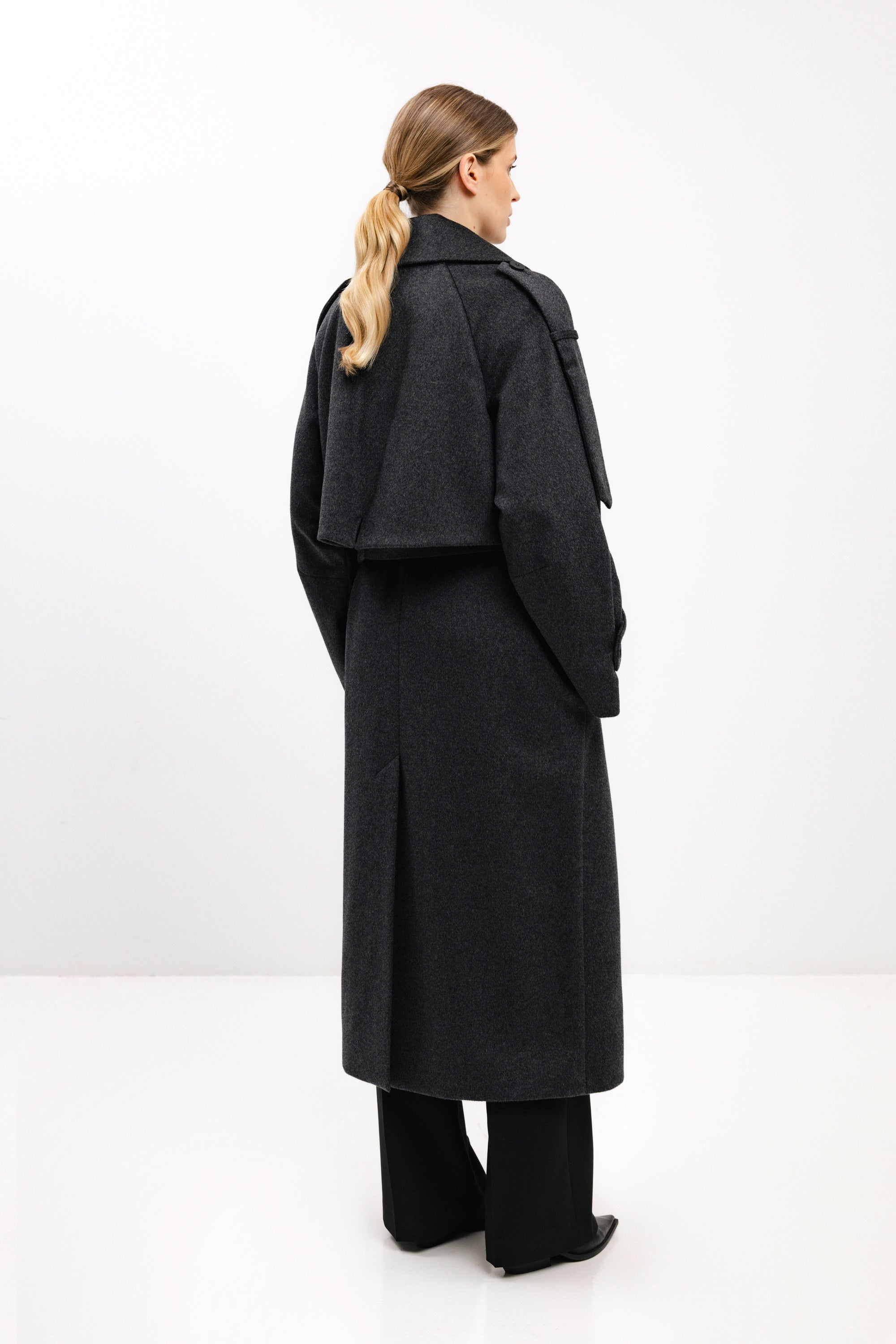 LONG BELTED DARK GREY WOOL COAT