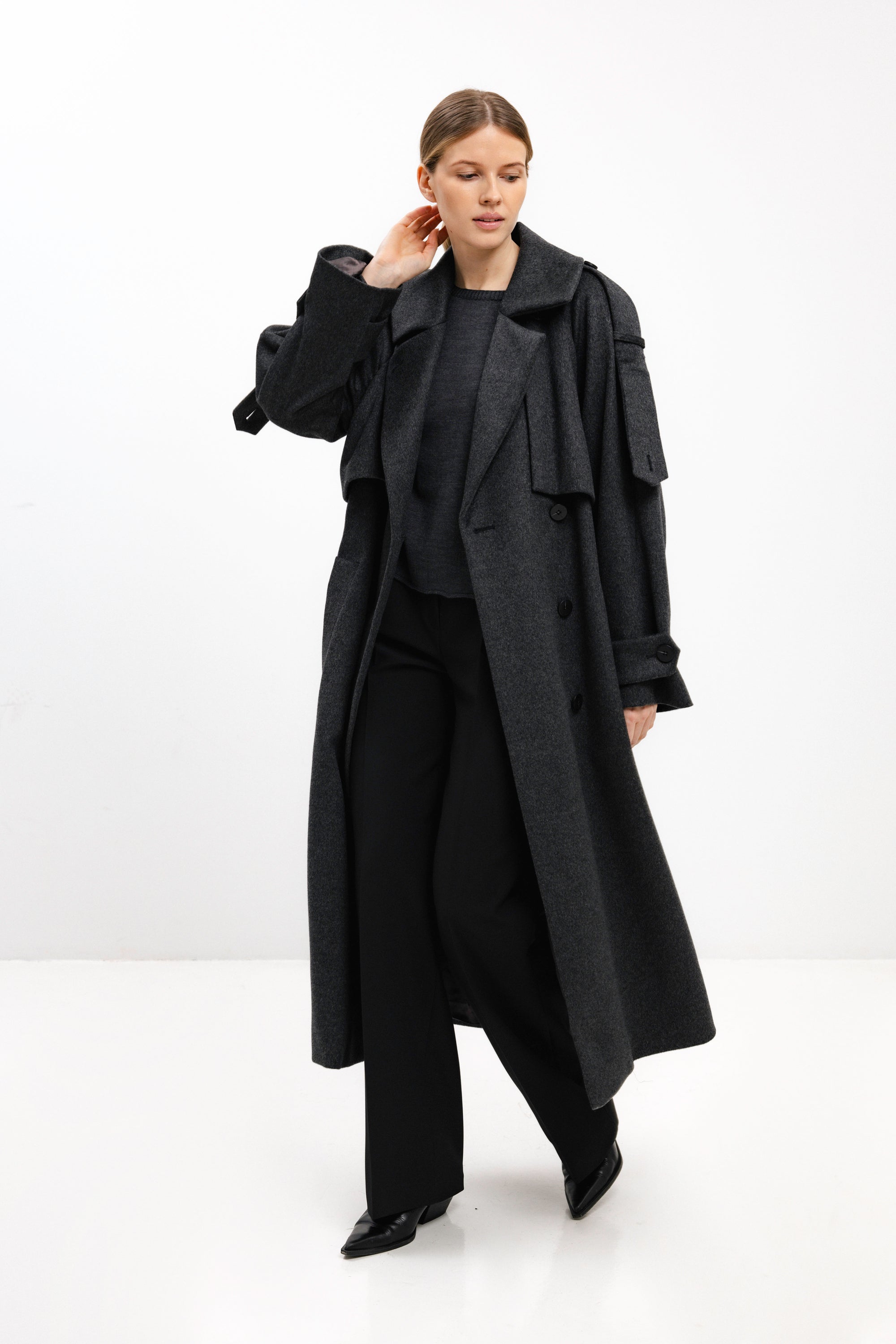 LONG BELTED DARK GREY WOOL COAT