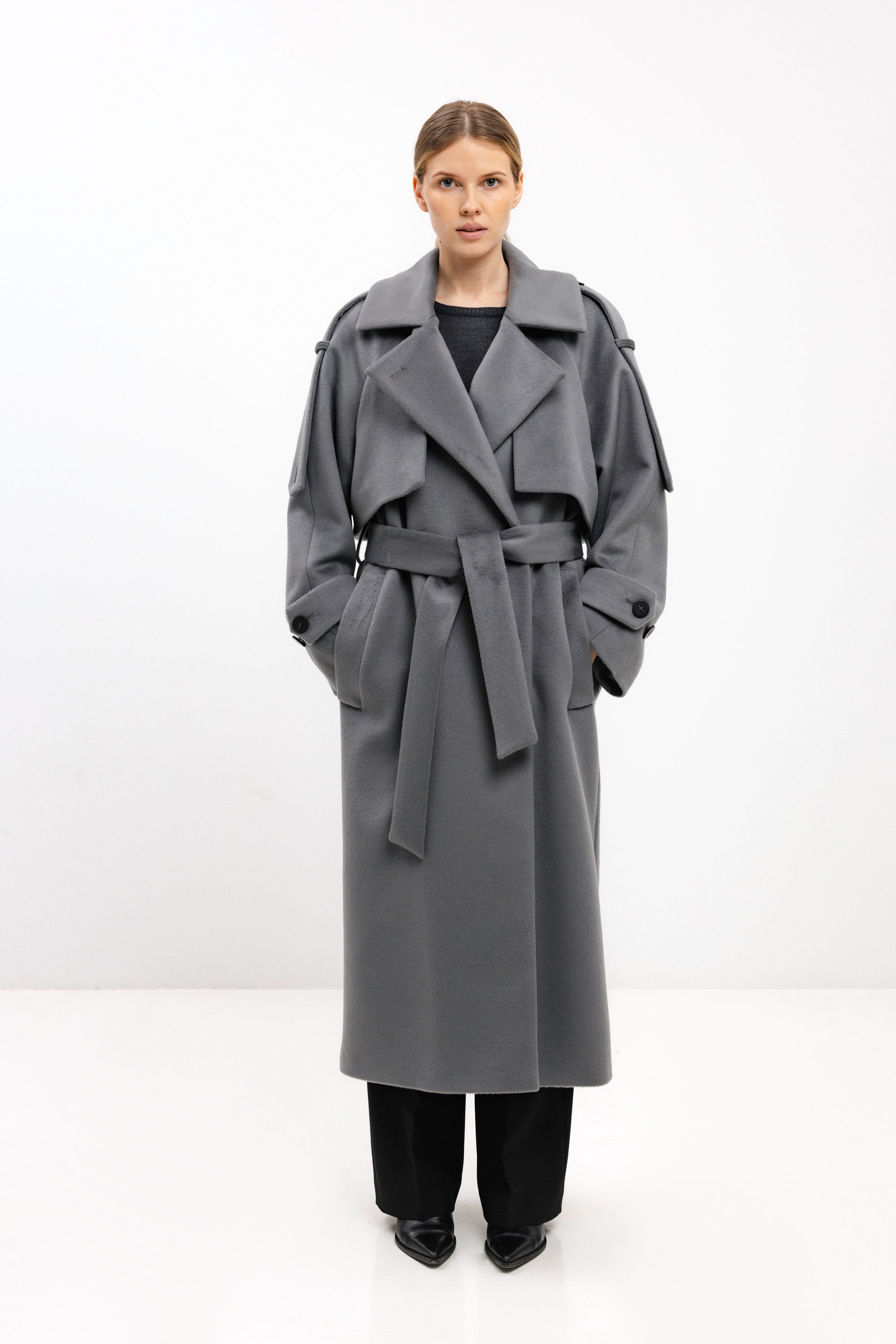 LONG BELTED LIGHT GREY WOOL COAT