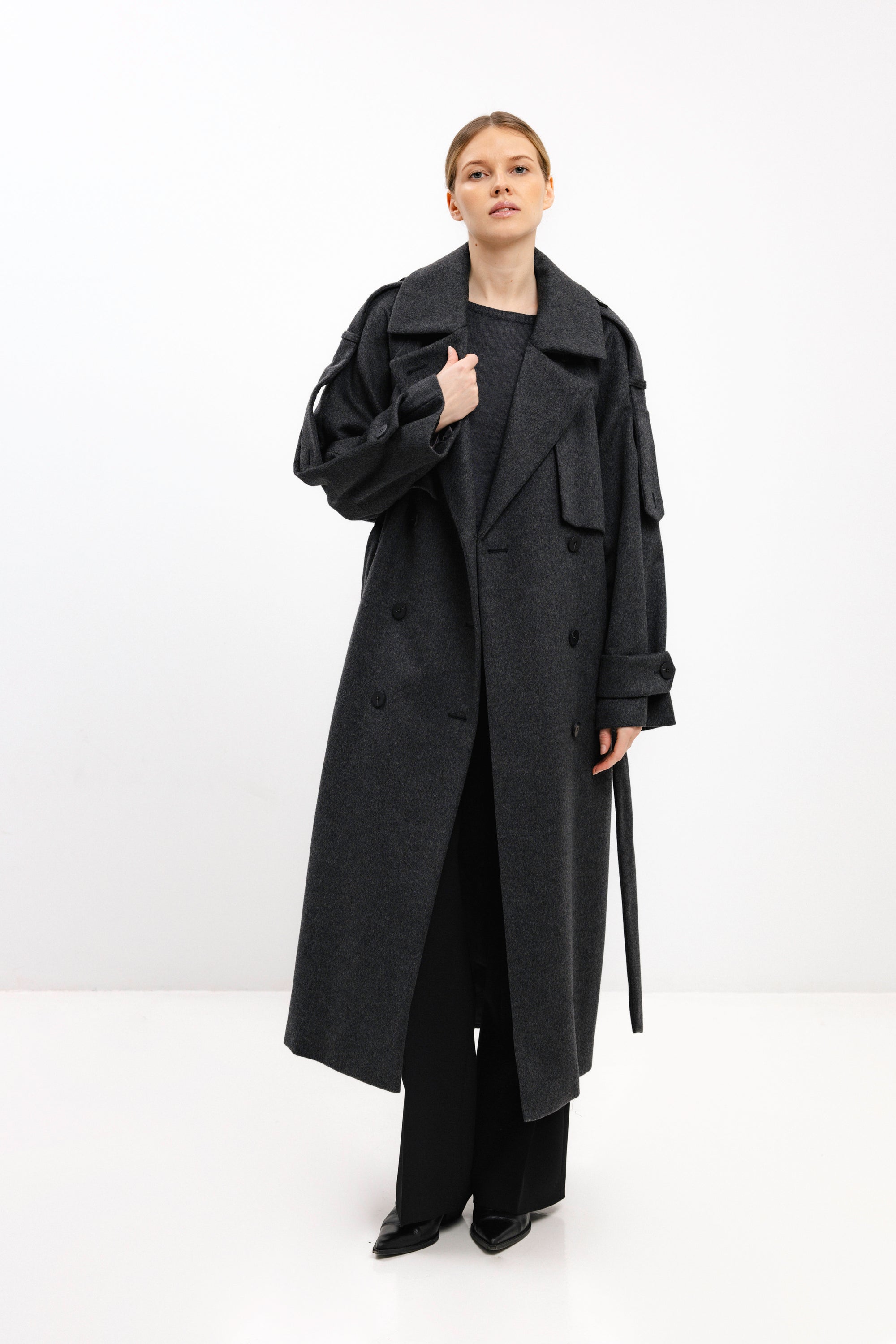 LONG BELTED DARK GREY WOOL COAT