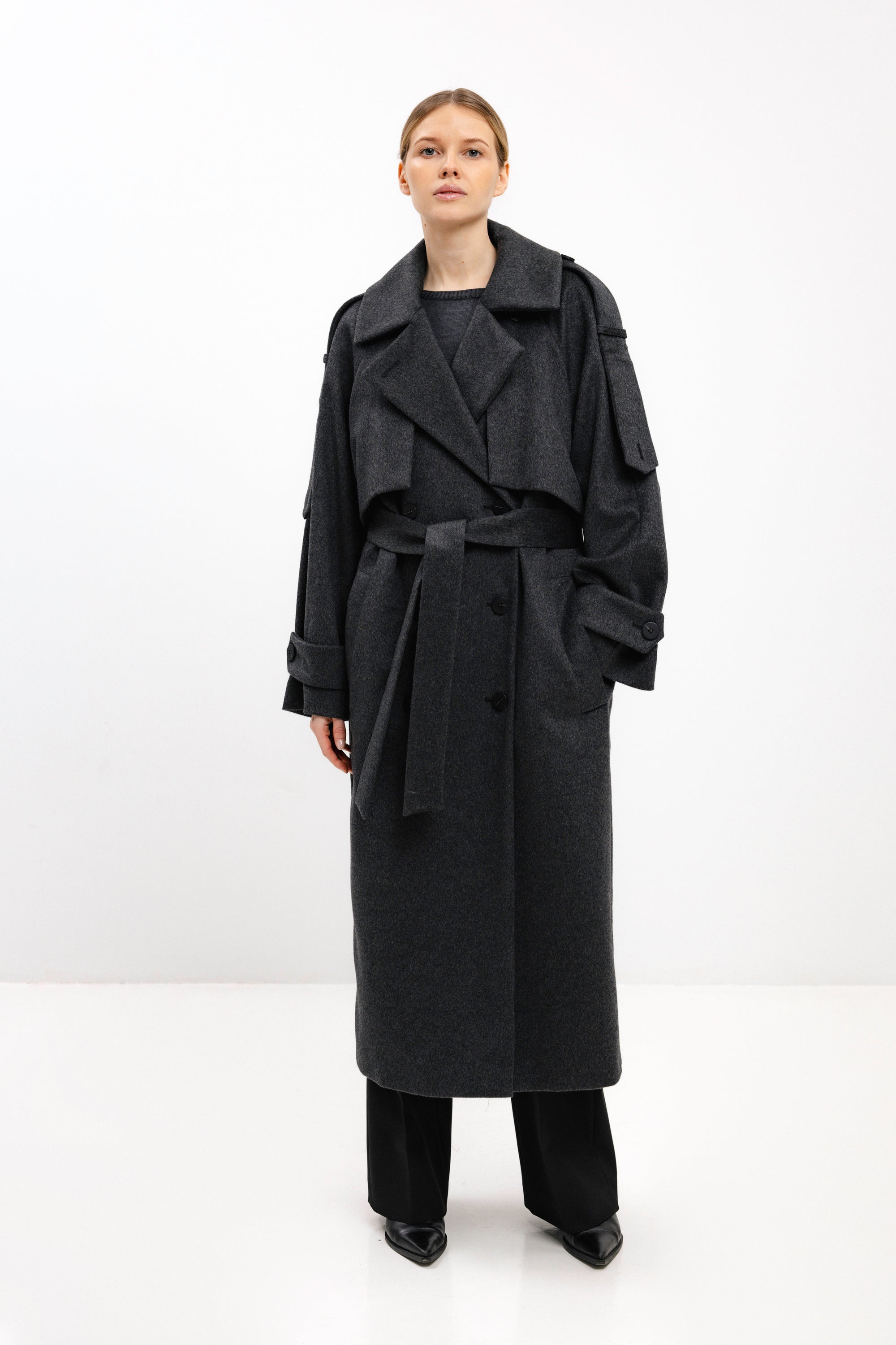 LONG BELTED DARK GREY WOOL COAT