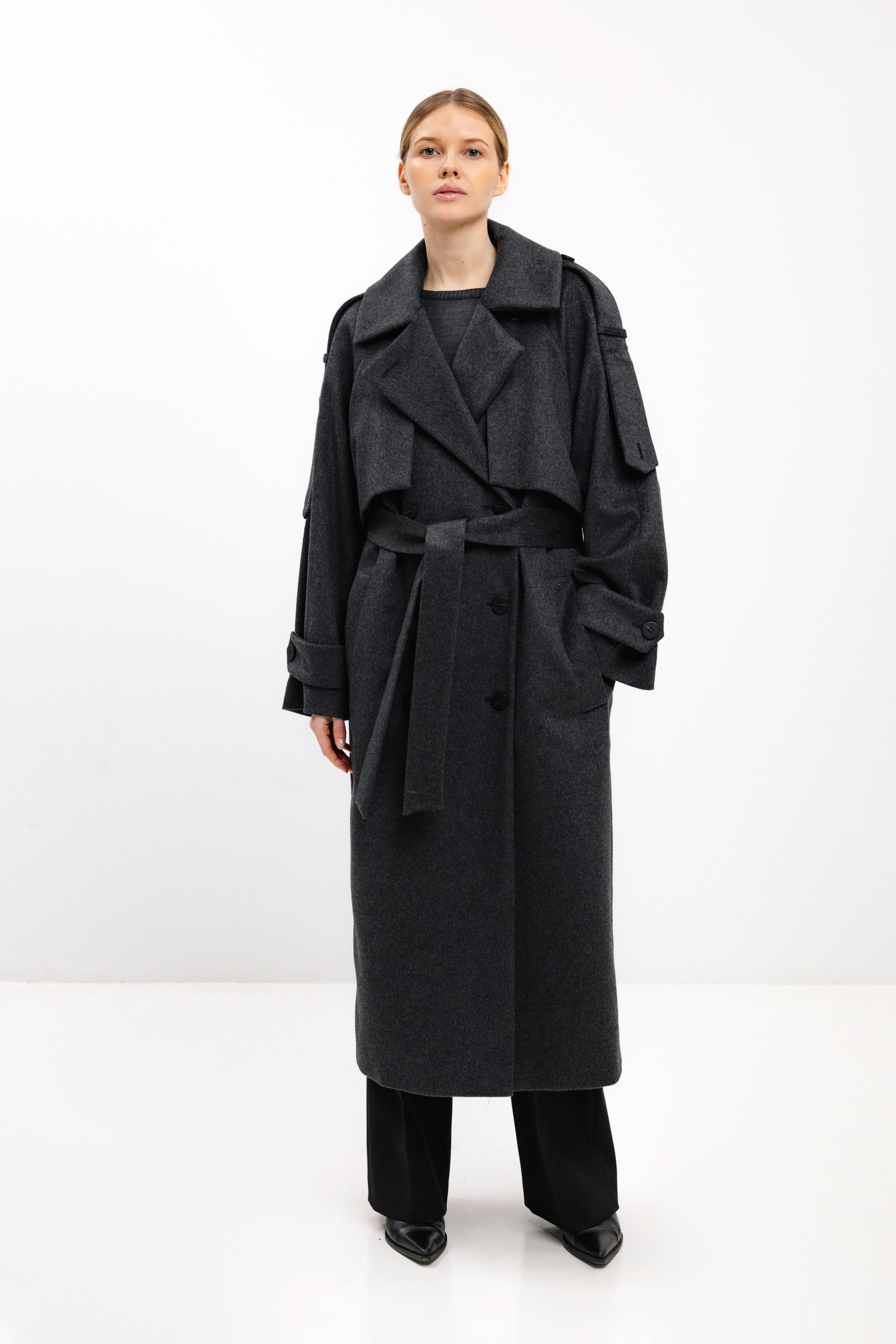 LONG BELTED DARK GREY WOOL COAT