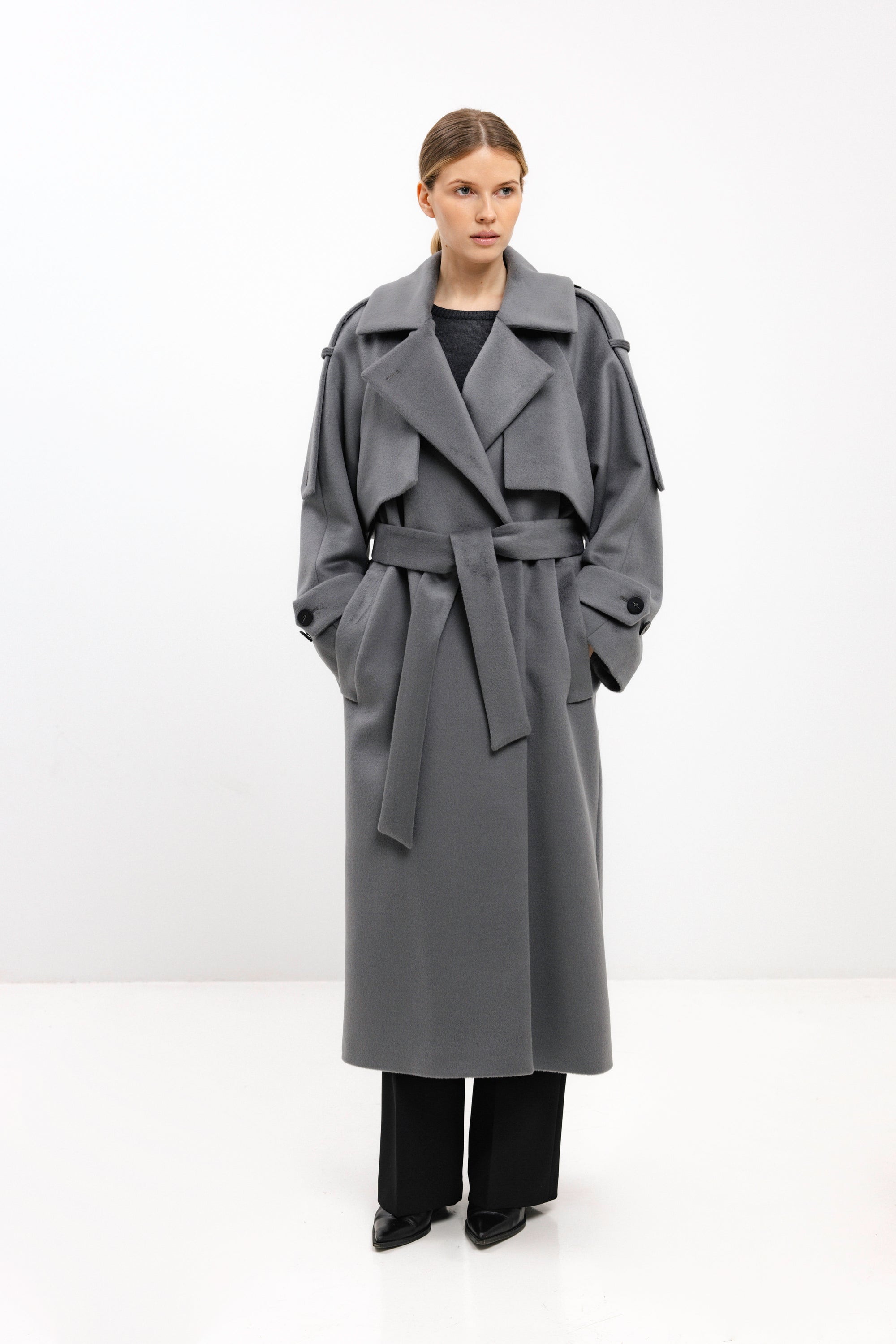LONG BELTED LIGHT GREY WOOL COAT
