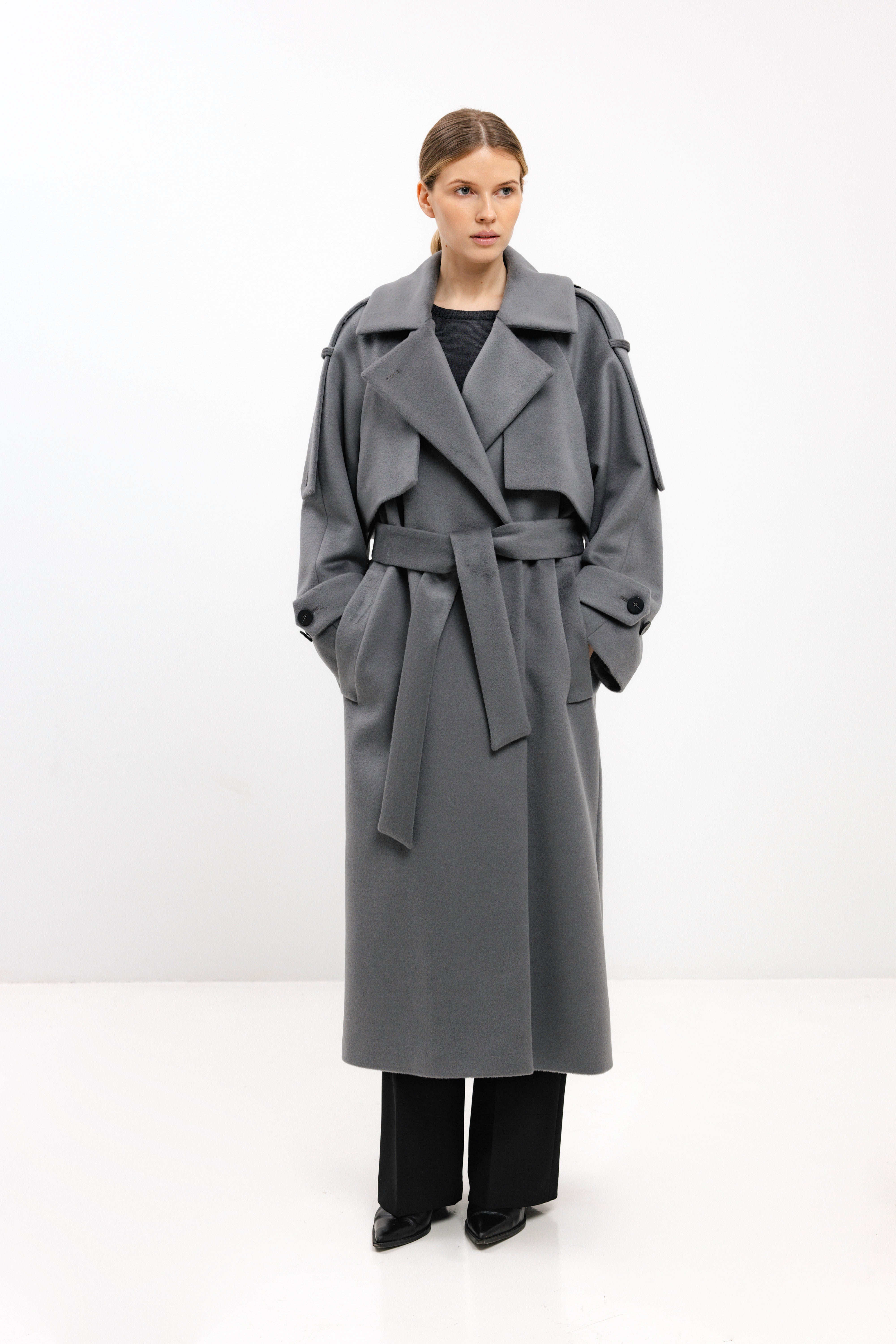 LONG BELTED LIGHT GREY WOOL COAT