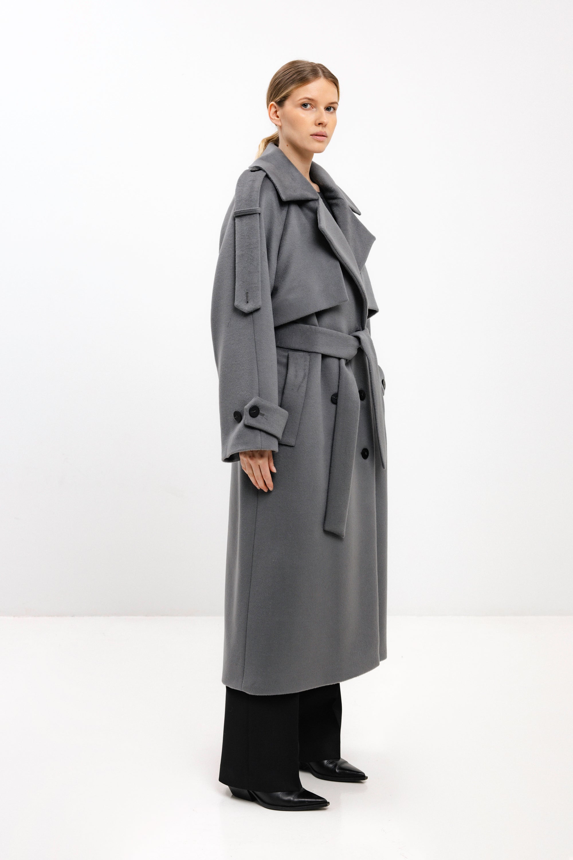 LONG BELTED LIGHT GREY WOOL COAT