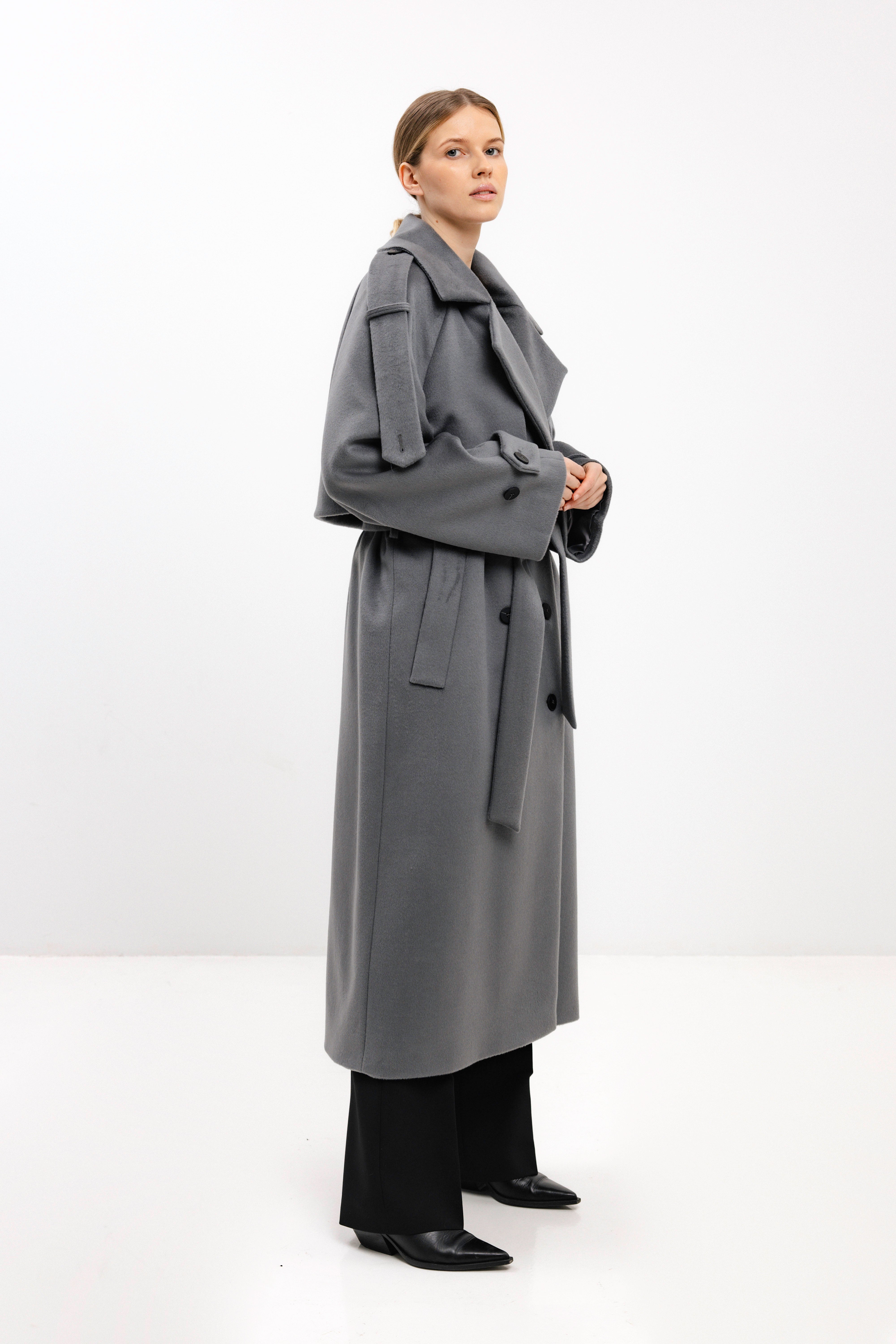 LONG BELTED LIGHT GREY WOOL COAT – InAvati