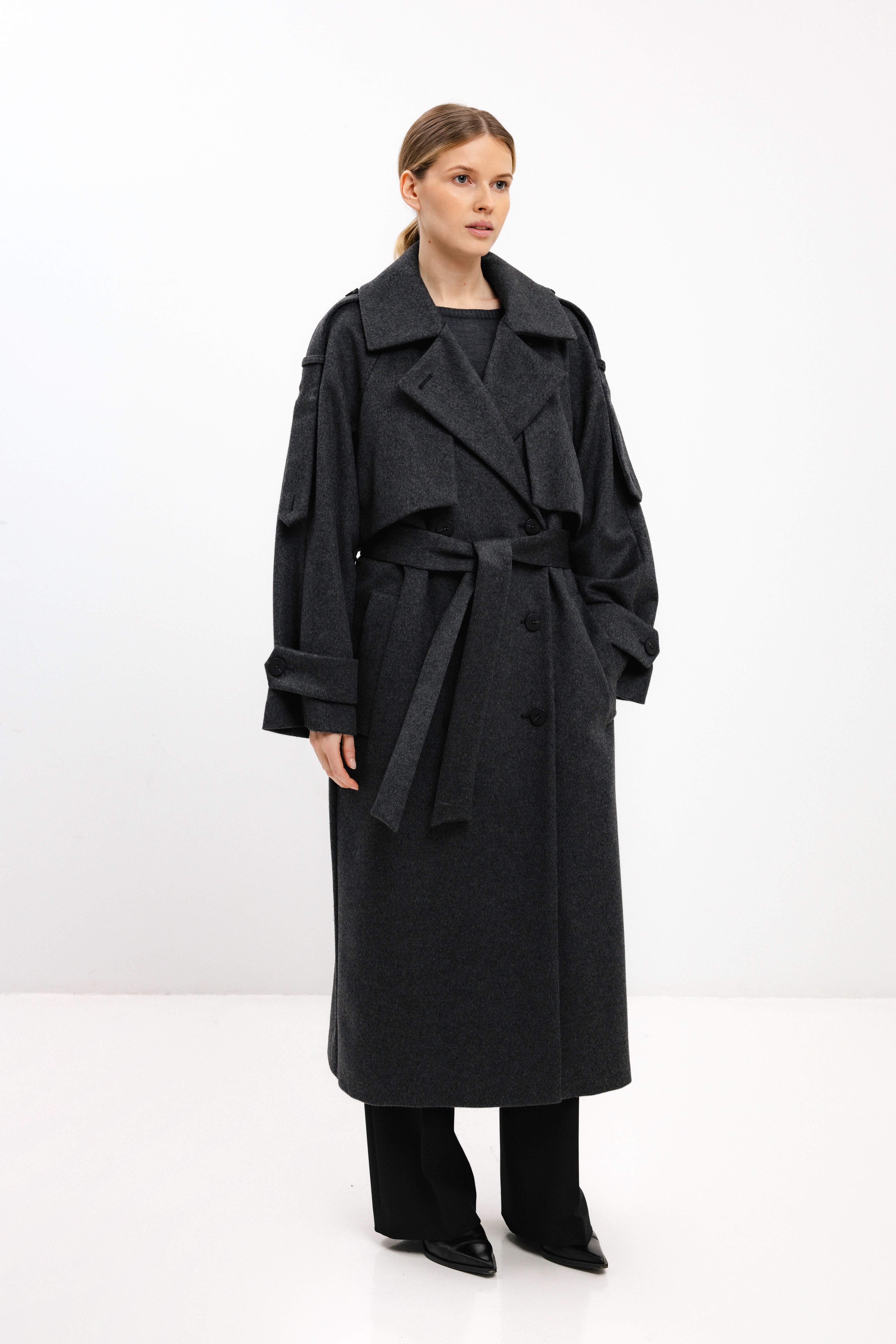 LONG BELTED DARK GREY WOOL COAT