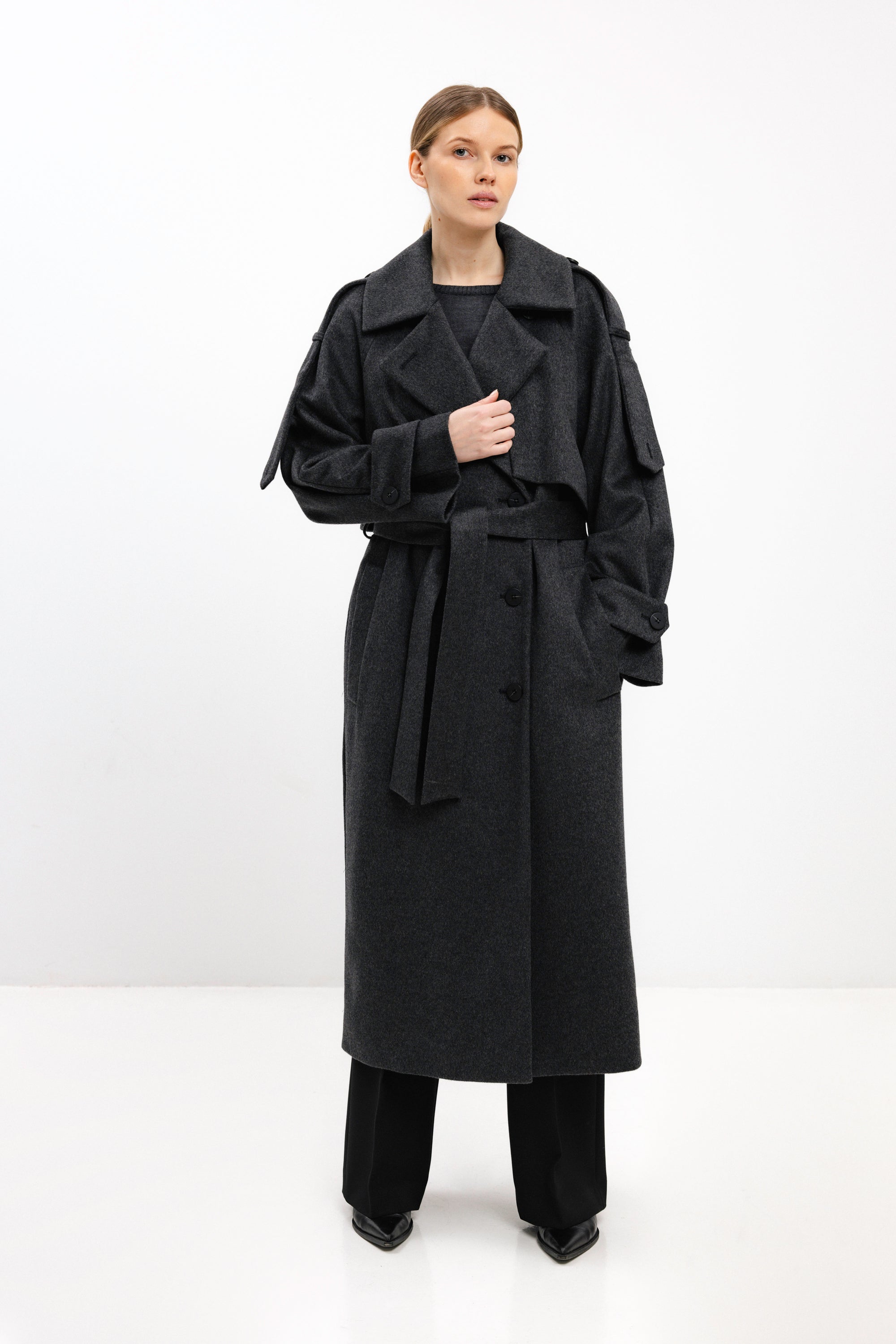 LONG BELTED DARK GREY WOOL COAT