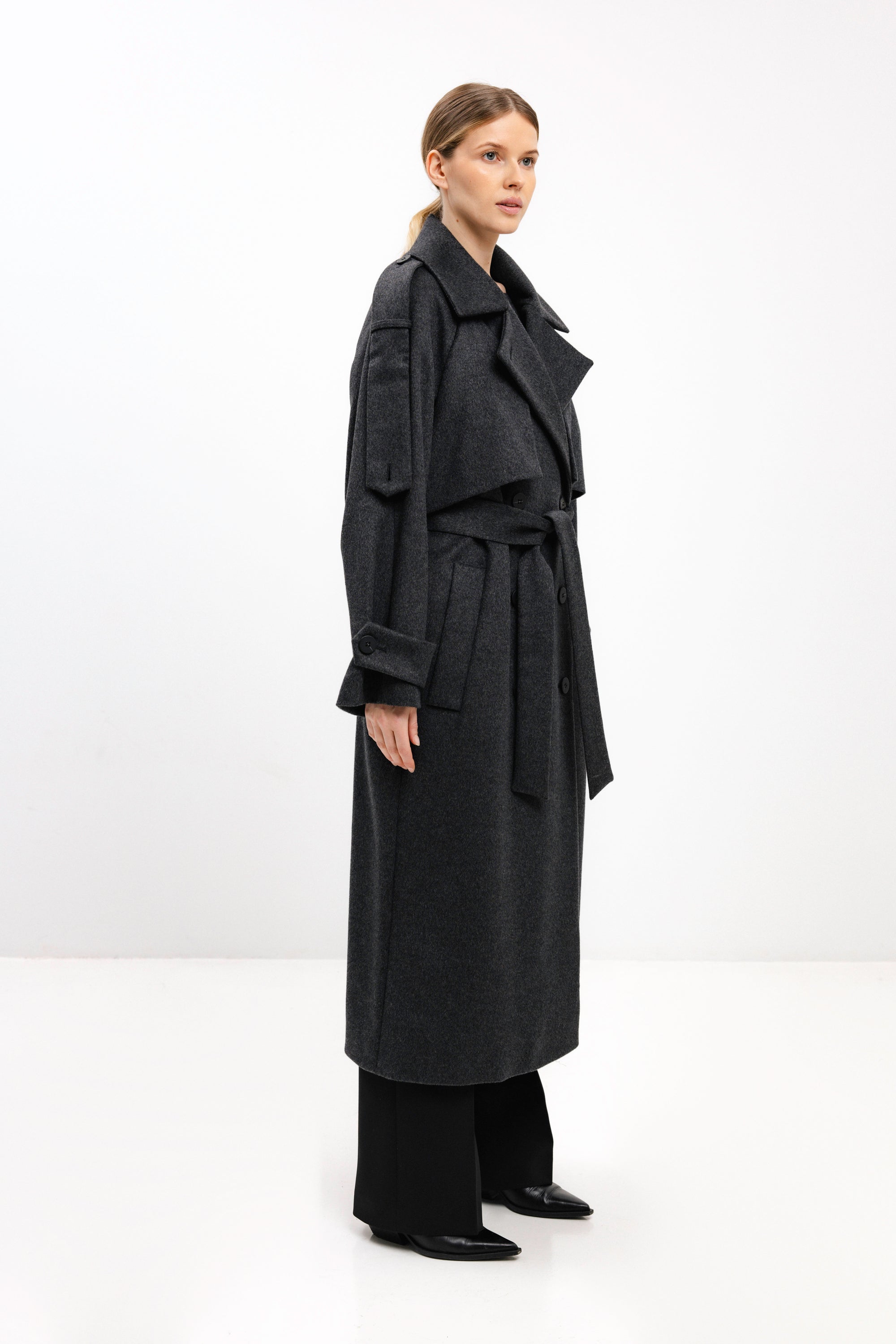 LONG BELTED DARK GREY WOOL COAT