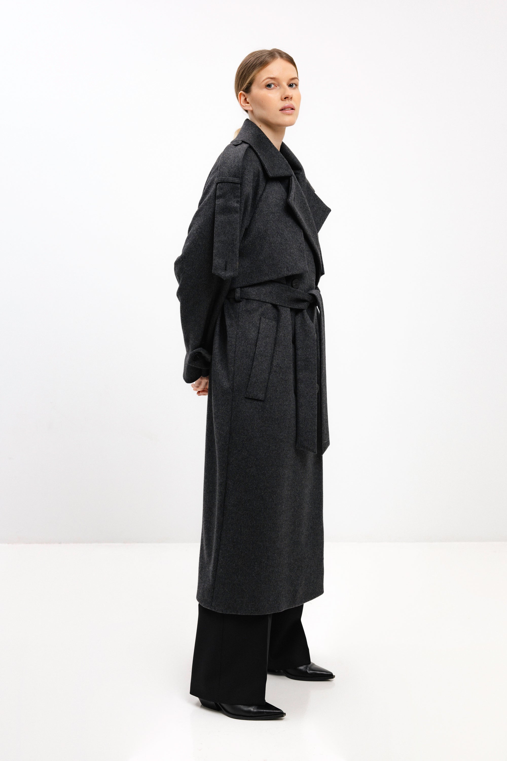 LONG BELTED DARK GREY WOOL COAT