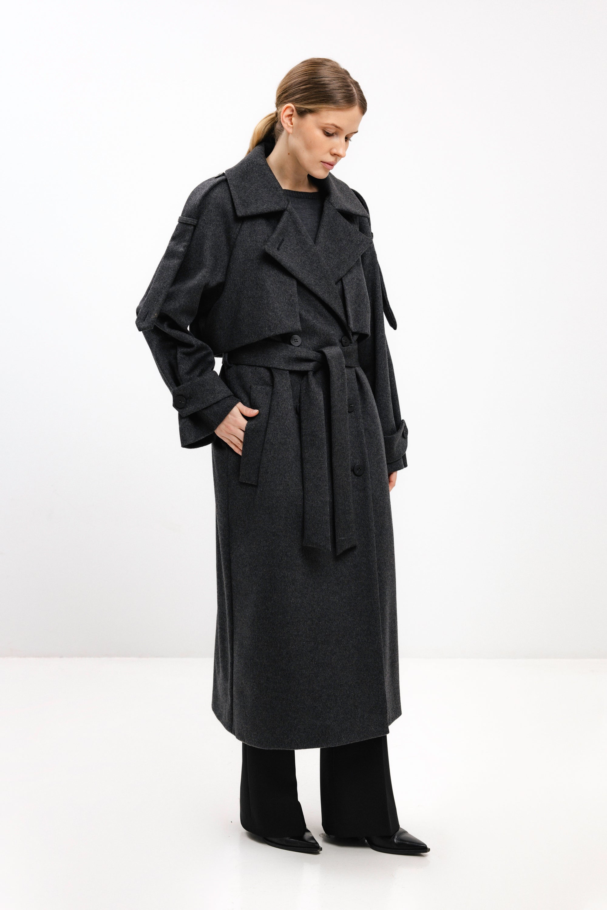 LONG BELTED DARK GREY WOOL COAT