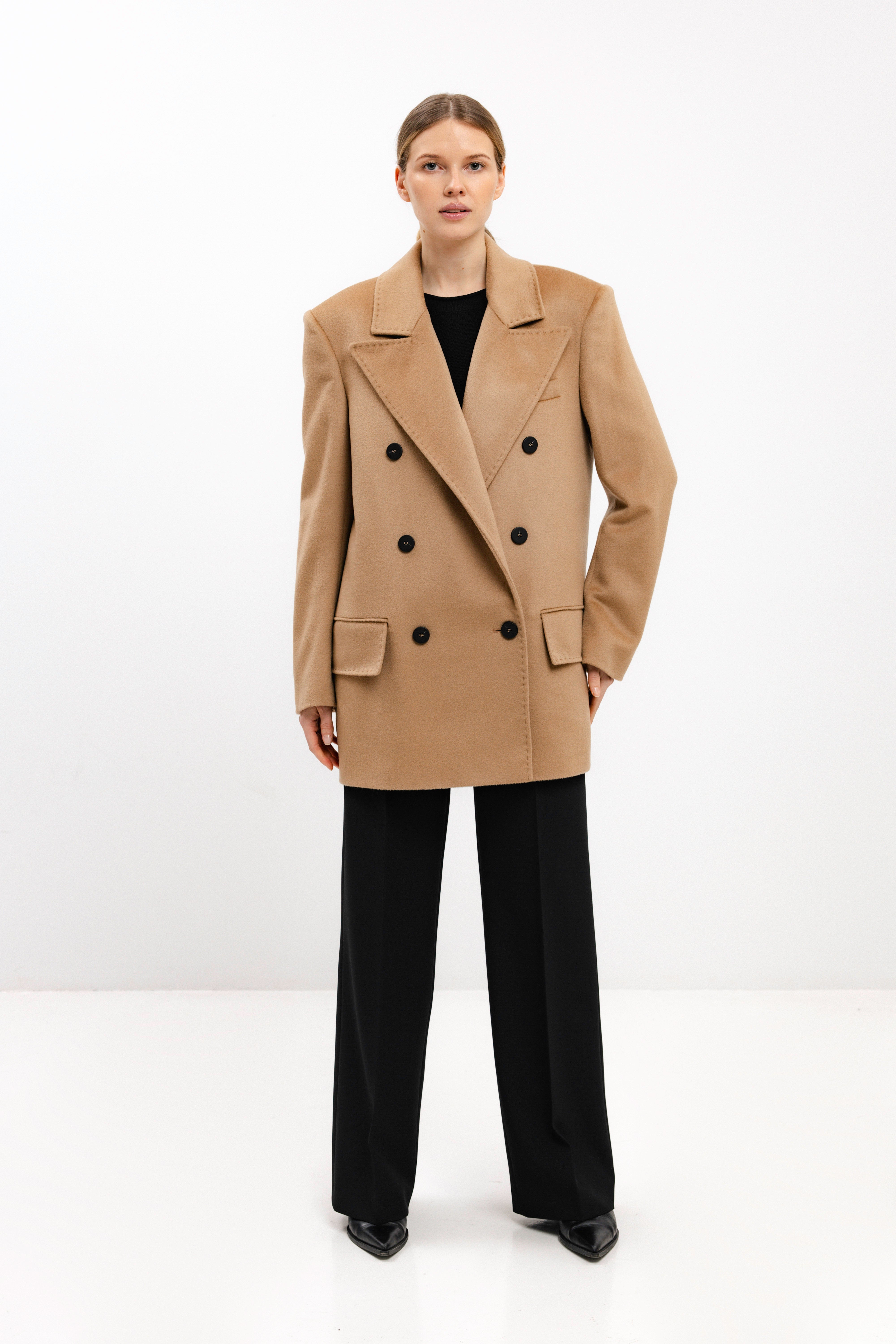 DOUBLE-BREASTED SHORT WOOL COAT IN CAMEL
