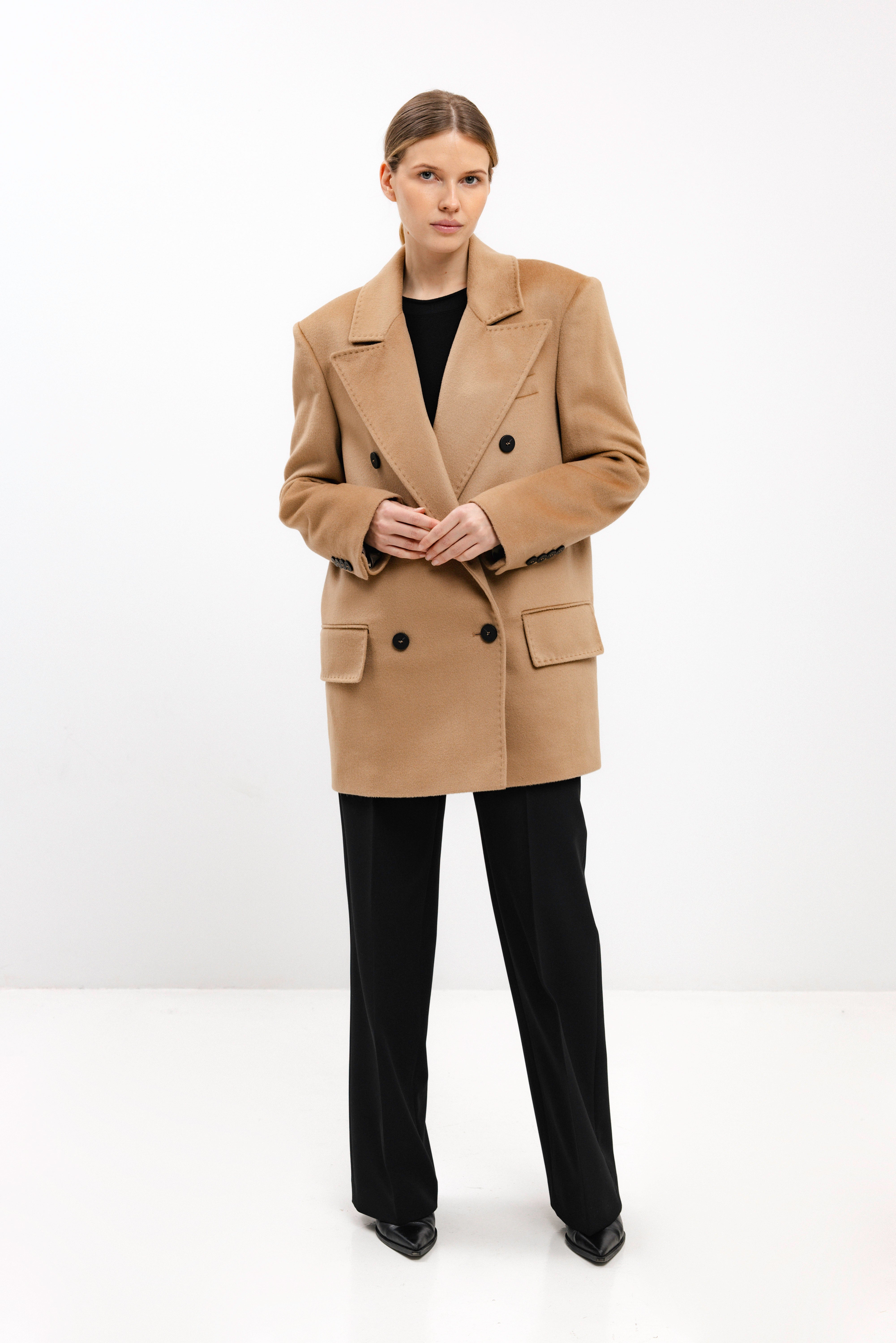 DOUBLE-BREASTED SHORT WOOL COAT IN CAMEL
