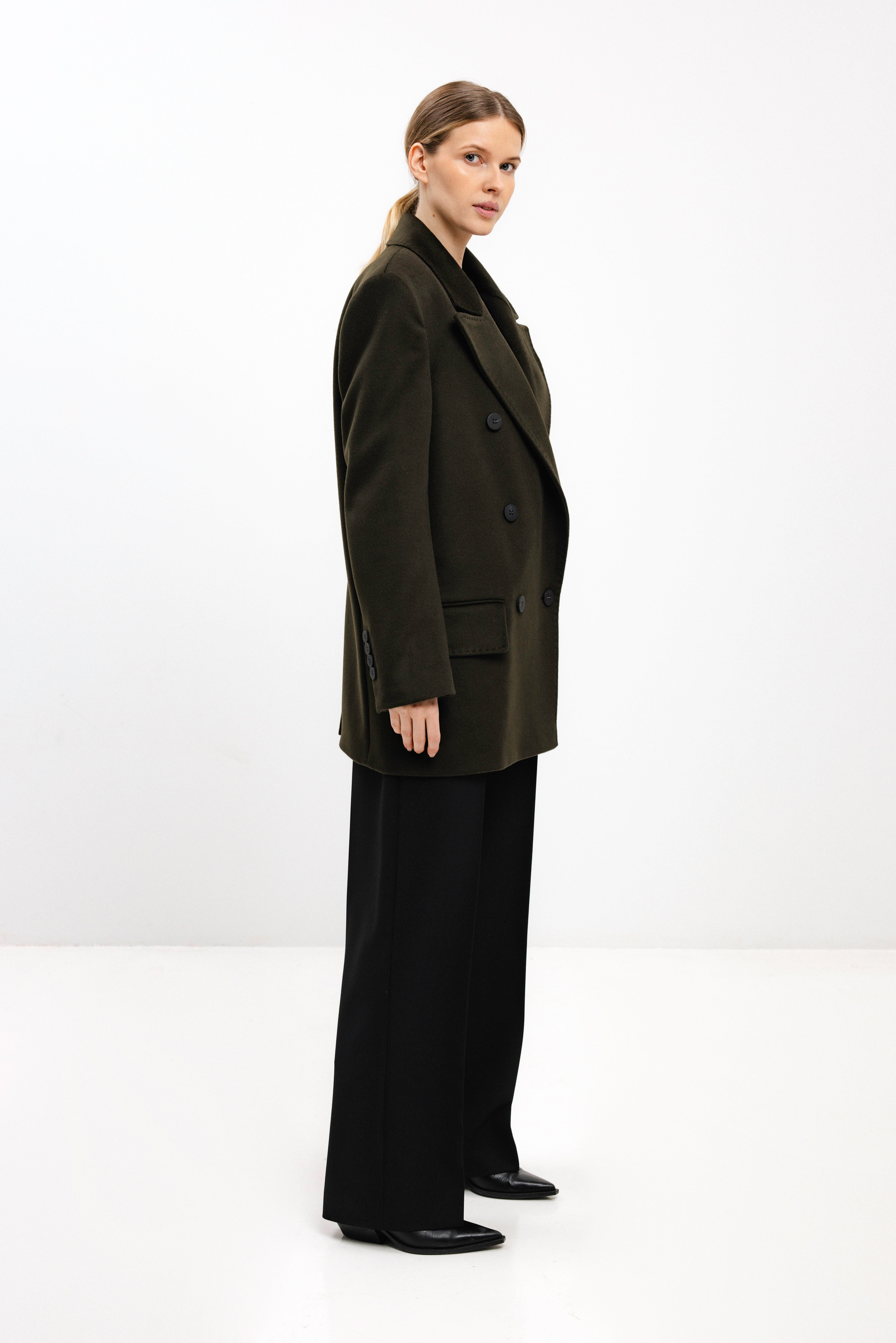 DOUBLE-BREASTED SHORT WOOL COAT IN OLIVE